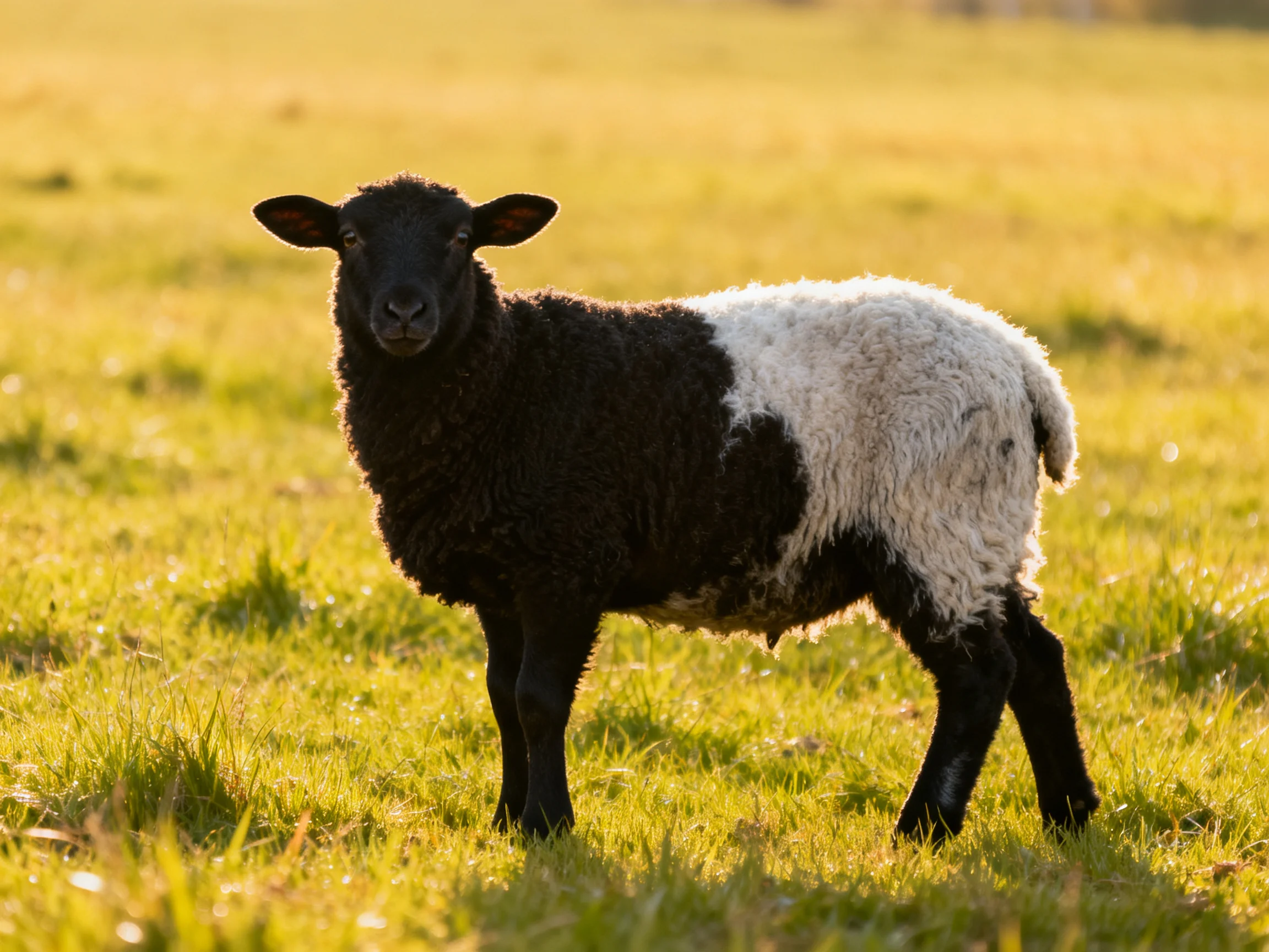 A black-and-white lamb stands in a sunlit grassy field.