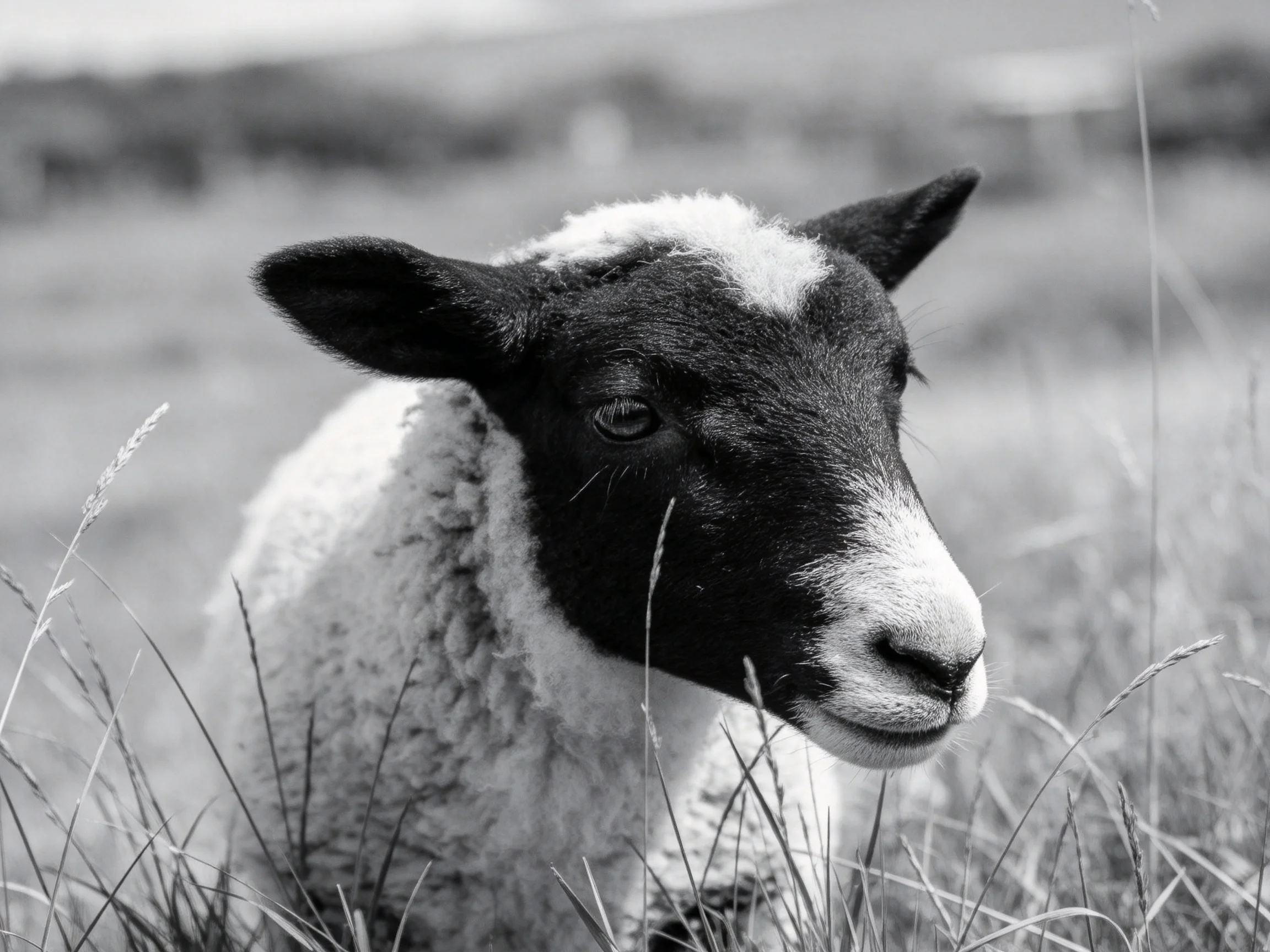 A black - and - white lamb resting among tall grass