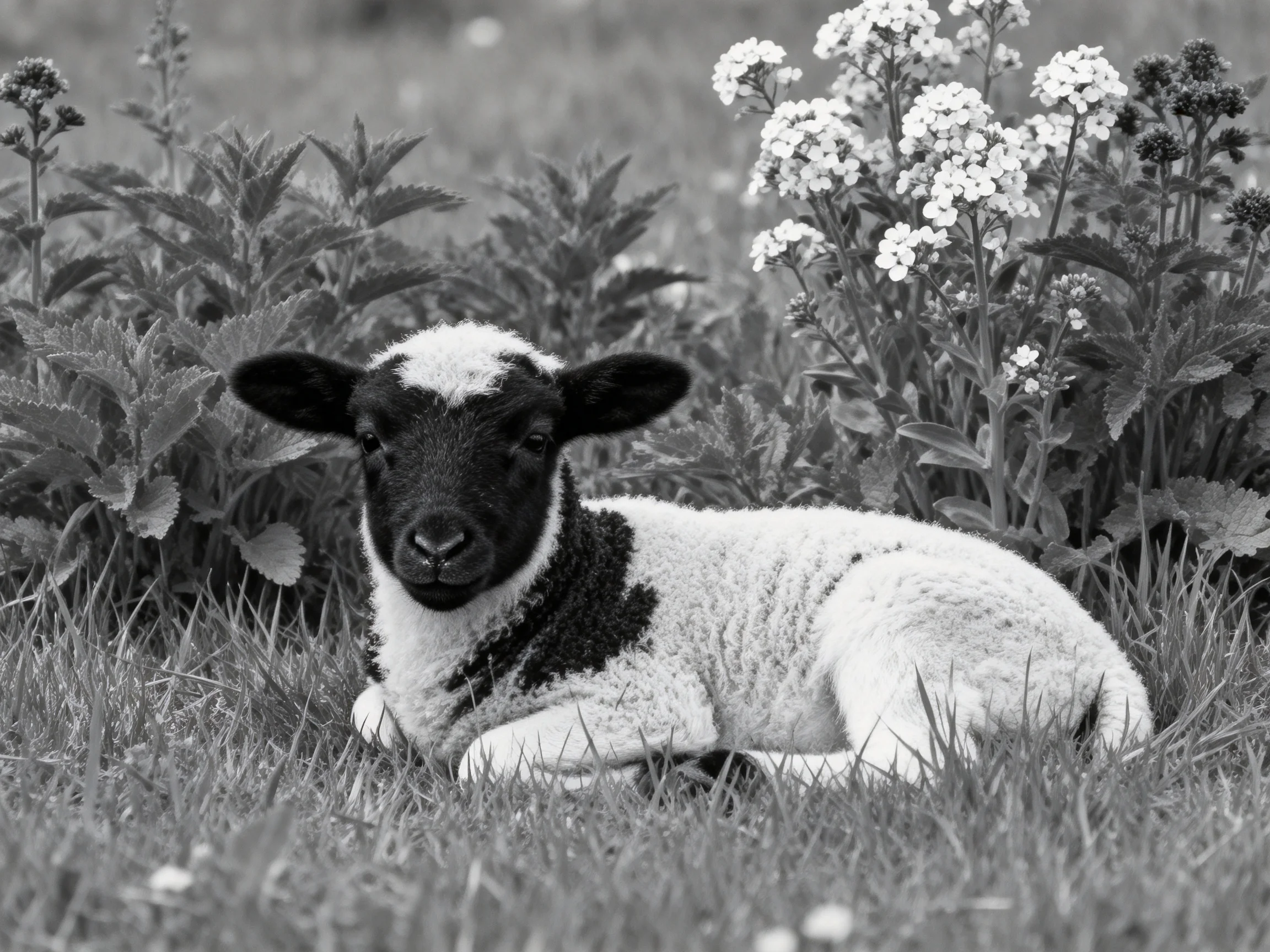 A black-and-white lamb resting among wildflowers and foliage
