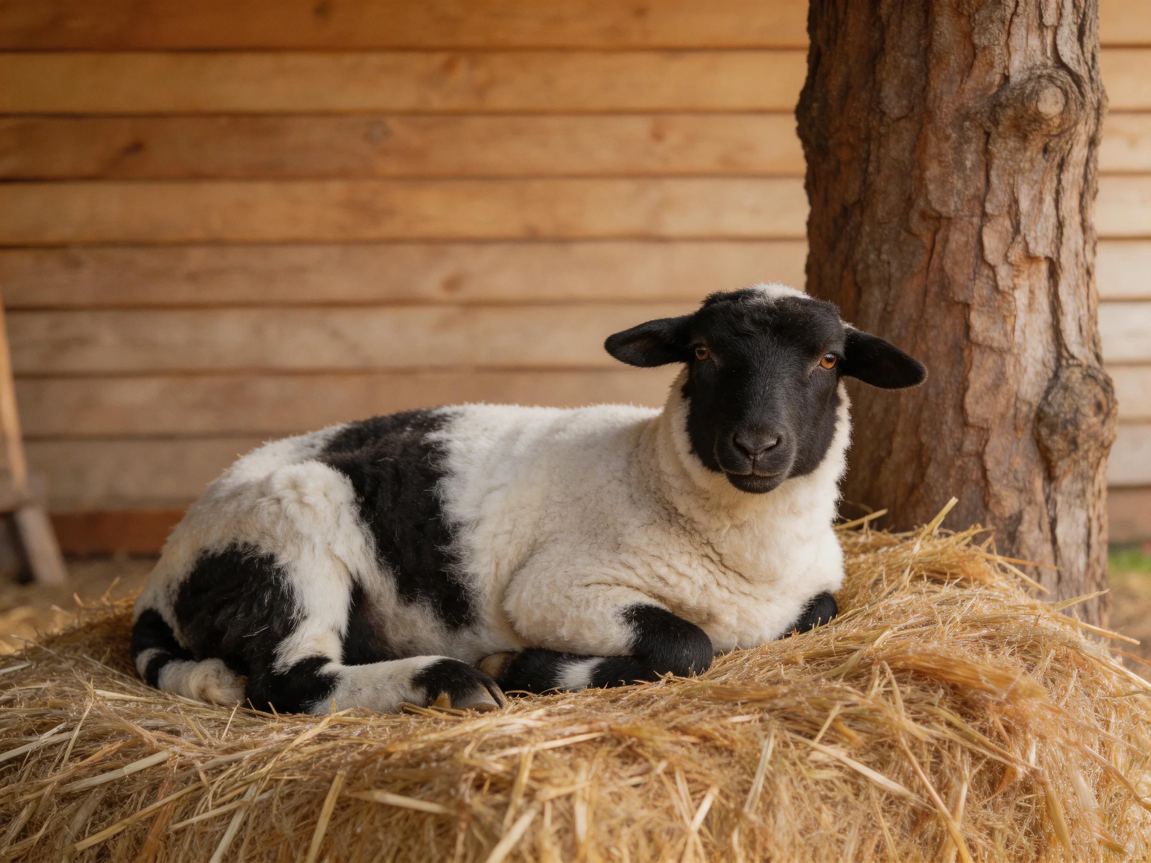 A black - and - white lamb resting on golden straw near a tree