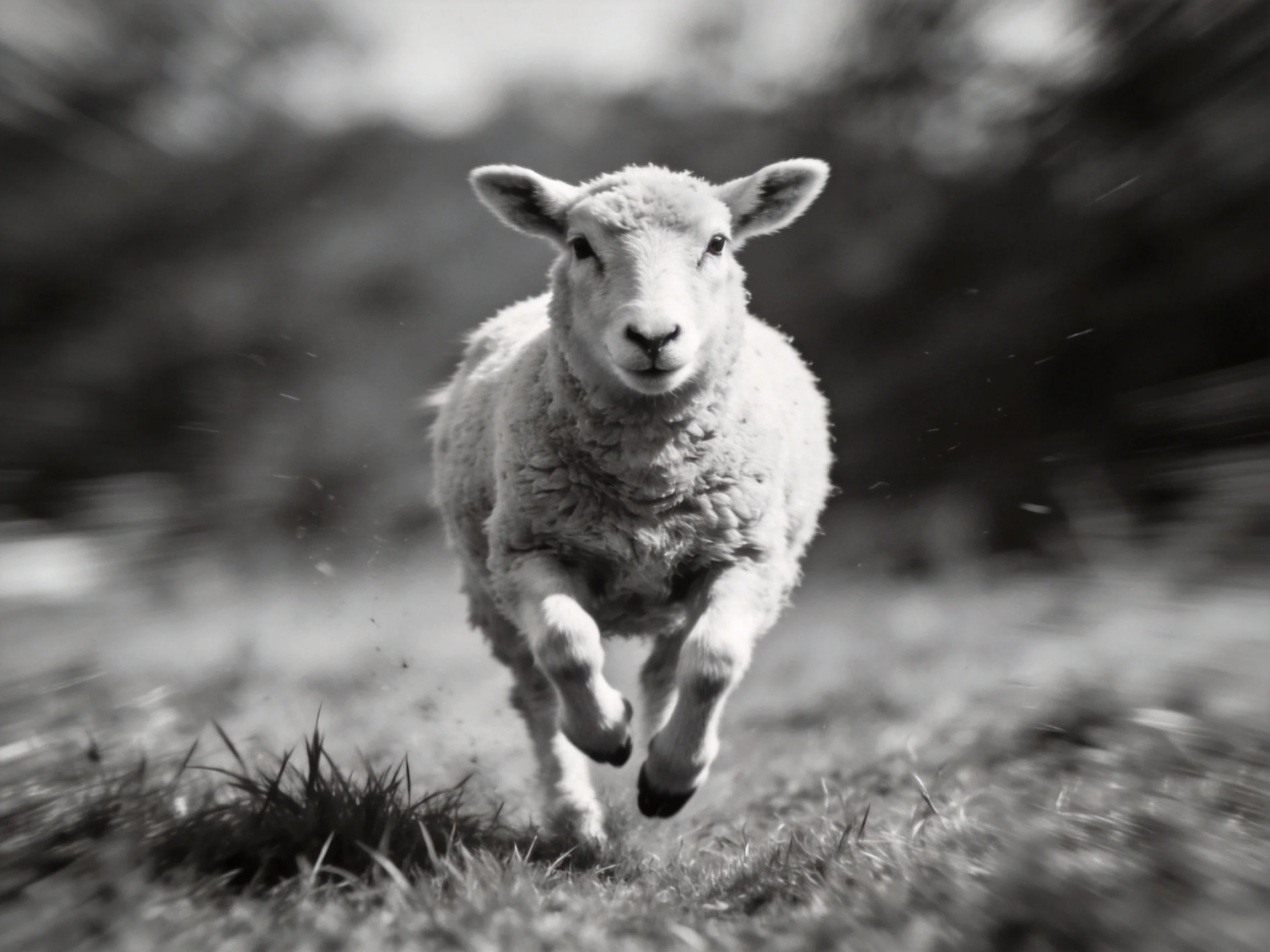A black - and - white lamb running toward the camera with lively motion