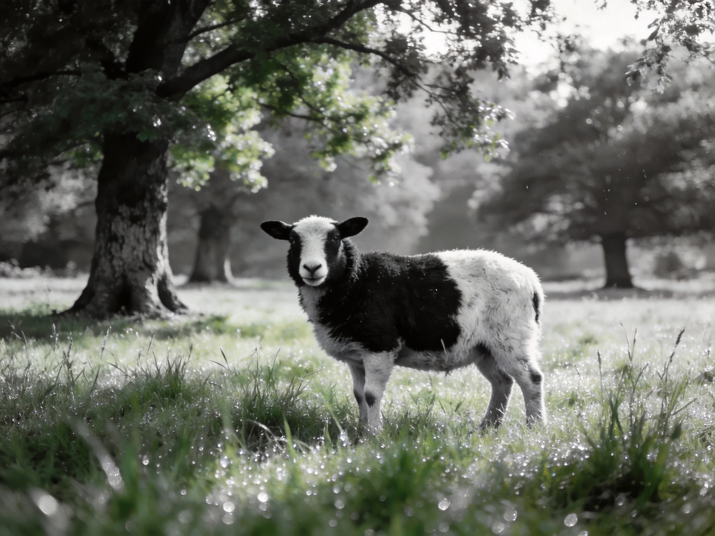 A black-and-white lamb stands in a sunlit meadow near large trees.