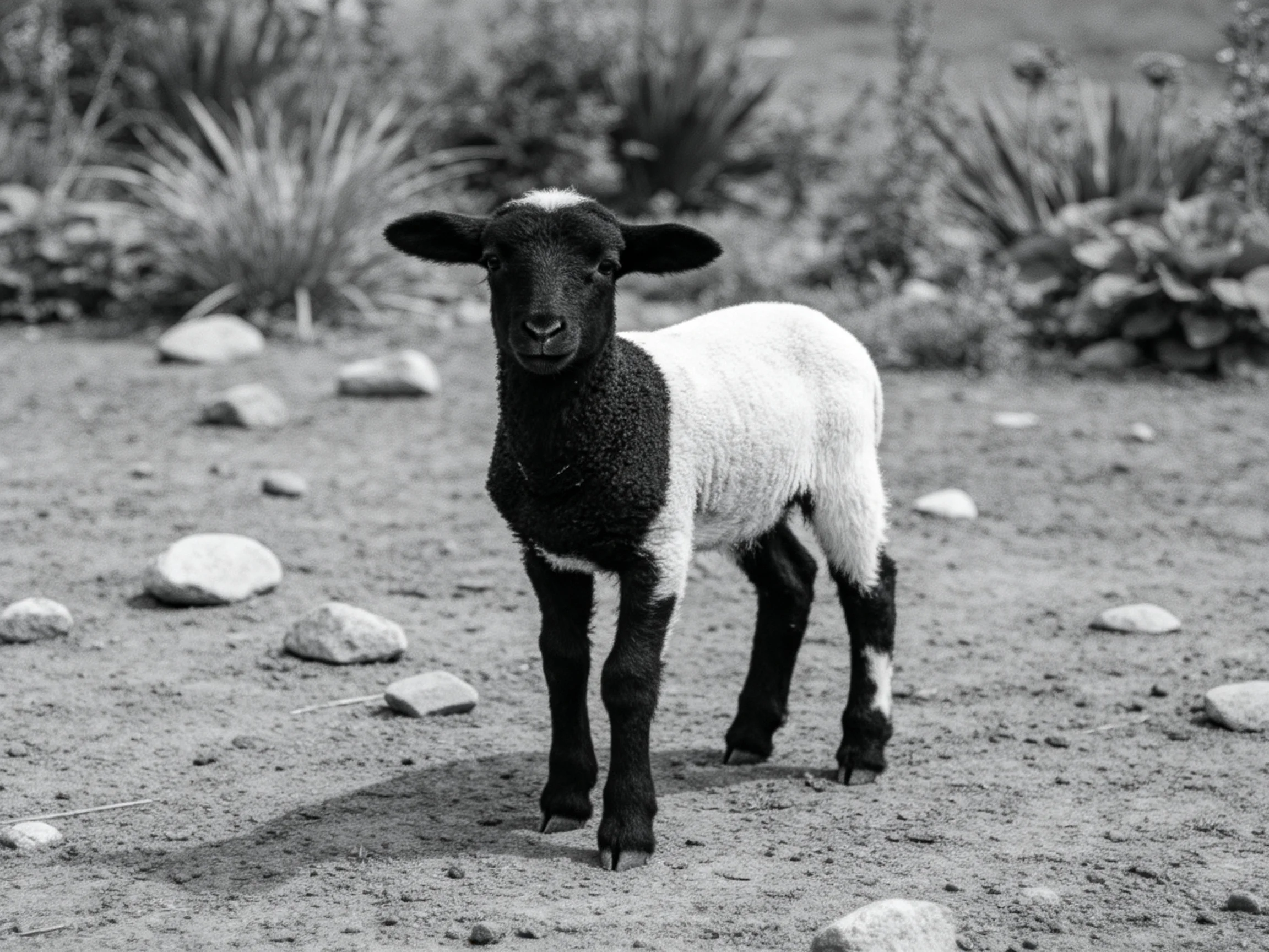 A black and white lamb stands amid scattered rocks and vegetation