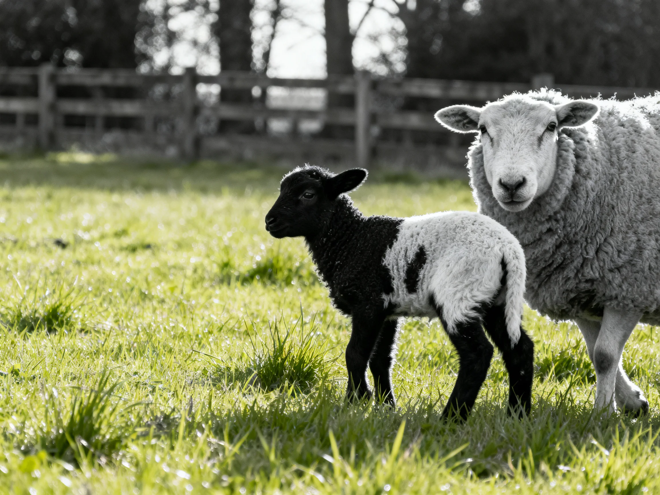 A black-and-white lamb and a gray sheep stand together in a sunlit field near a wooden fence.