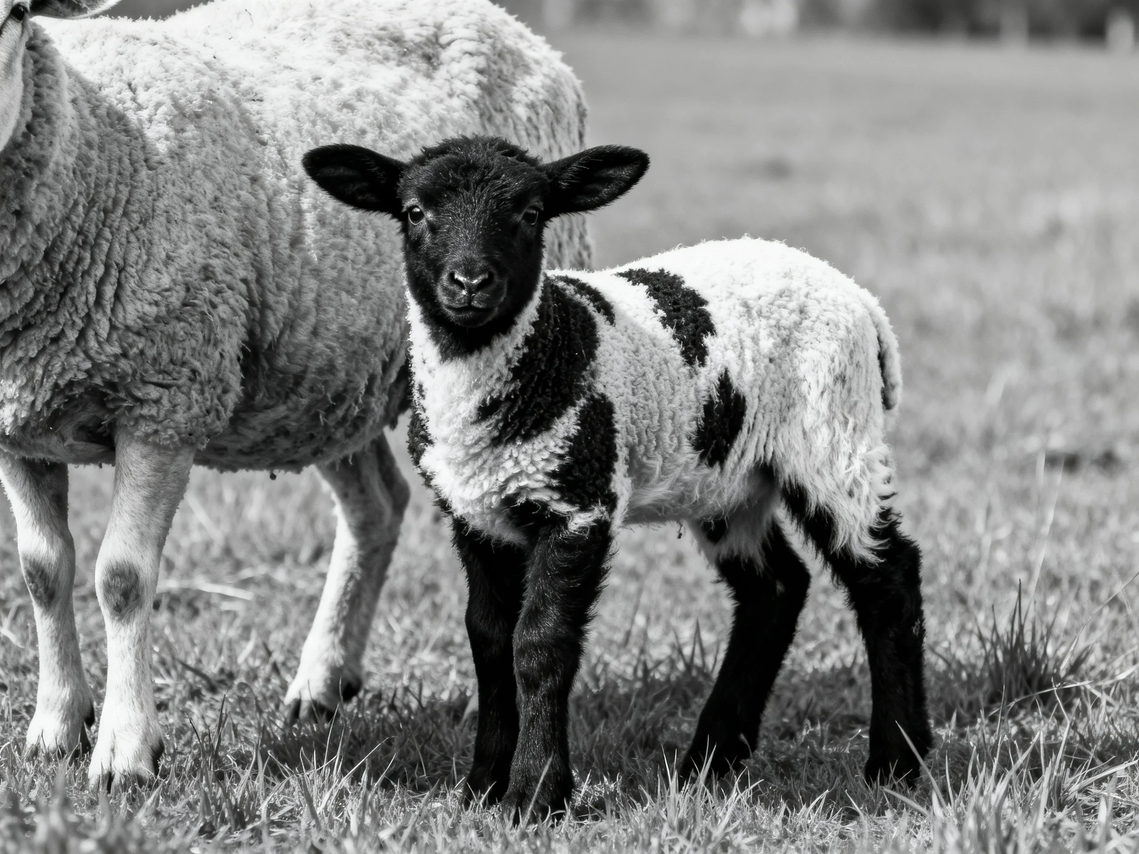 A black-and-white lamb stands near an adult sheep in a grassy field