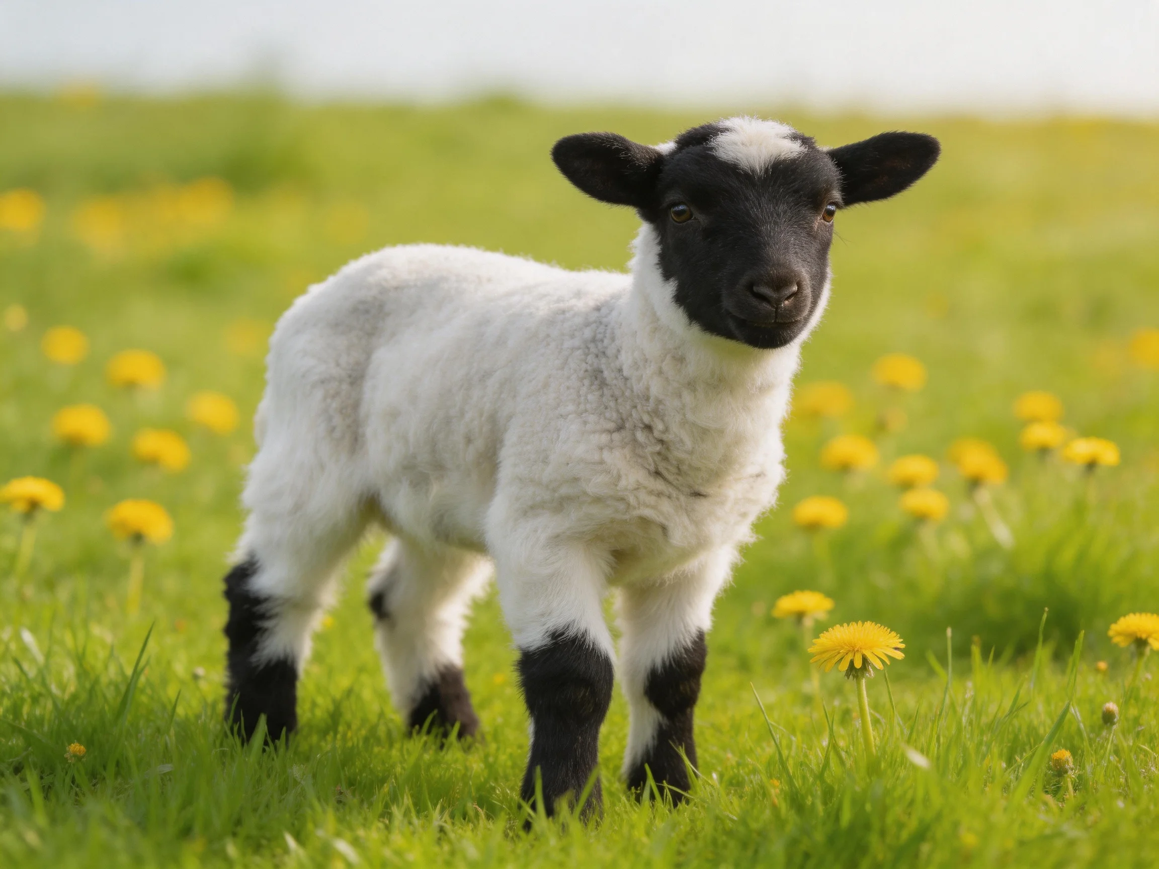 A black-and-white lamb stands in a field of yellow dandelions
