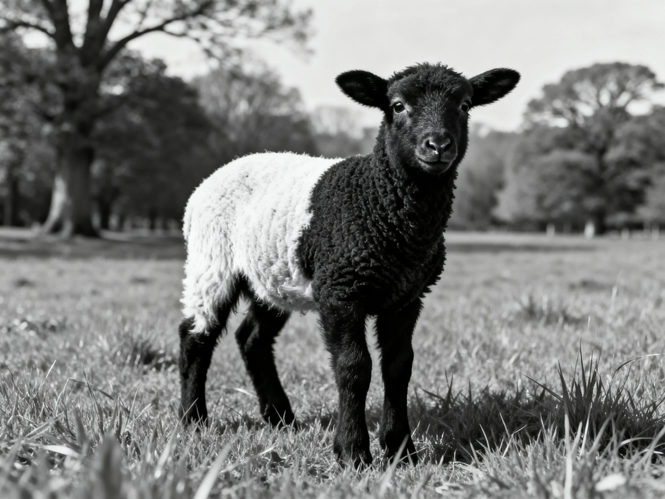 A black-and-white lamb stands in a grassy field with distant trees