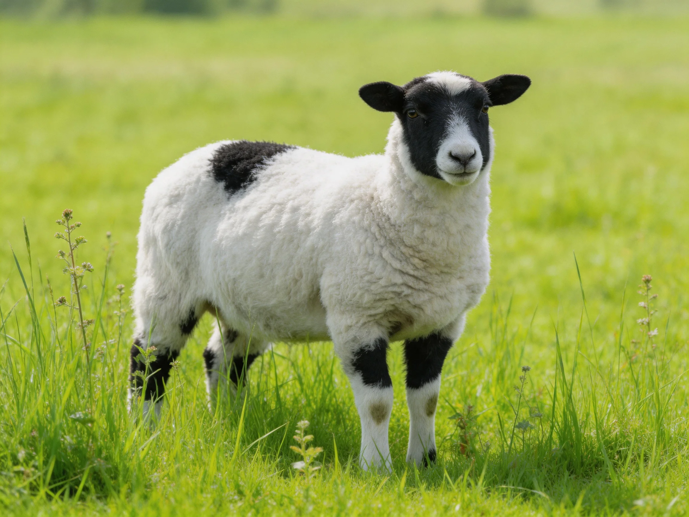 A black - and - white lamb is positioned in a sunlit green pasture.