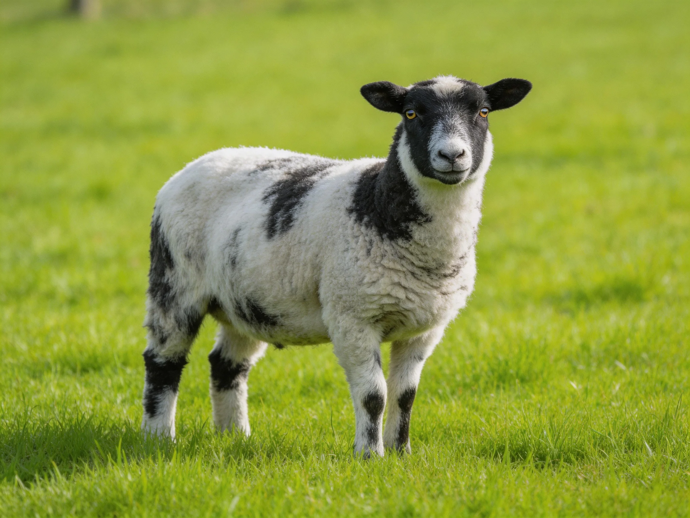 A black-and-white lamb stands in a green pasture.