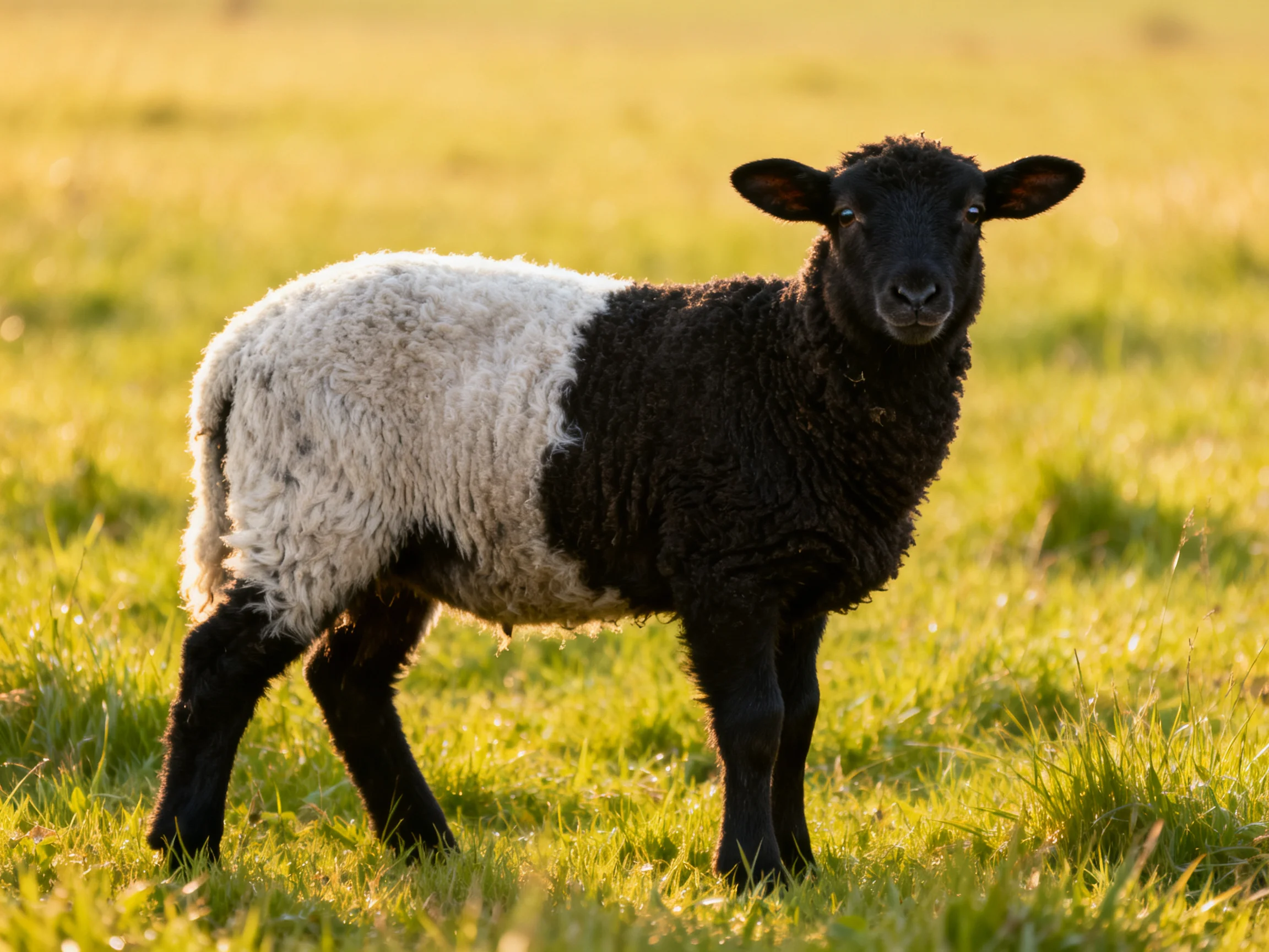 A black-and-white lamb stands in a sunlit green meadow