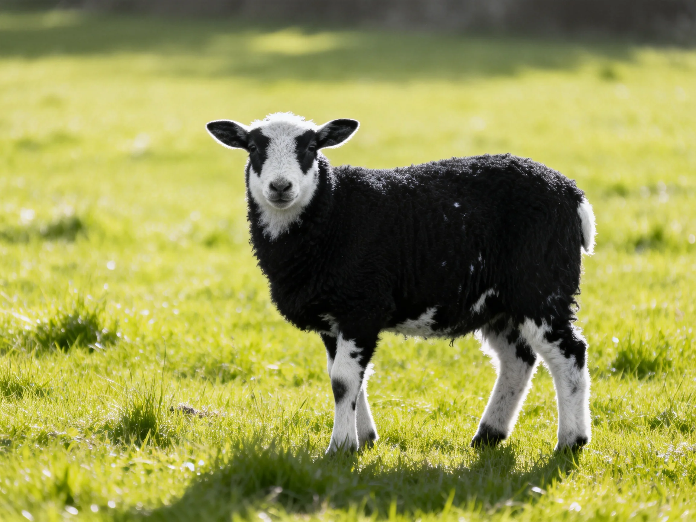 A black and white lamb stands in a sunlit green meadow
