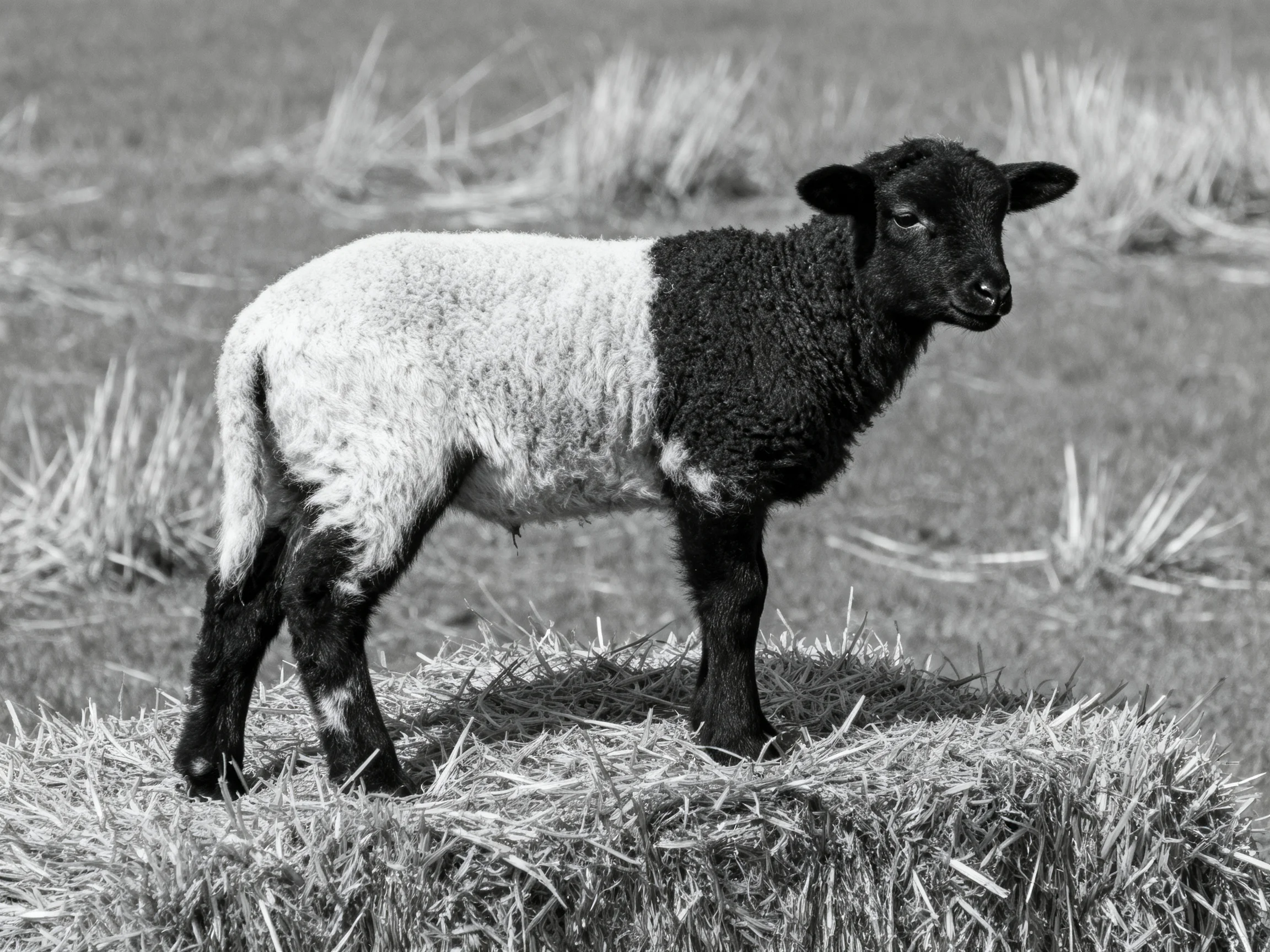 A black-and-white lamb stands on a hay bale in a field