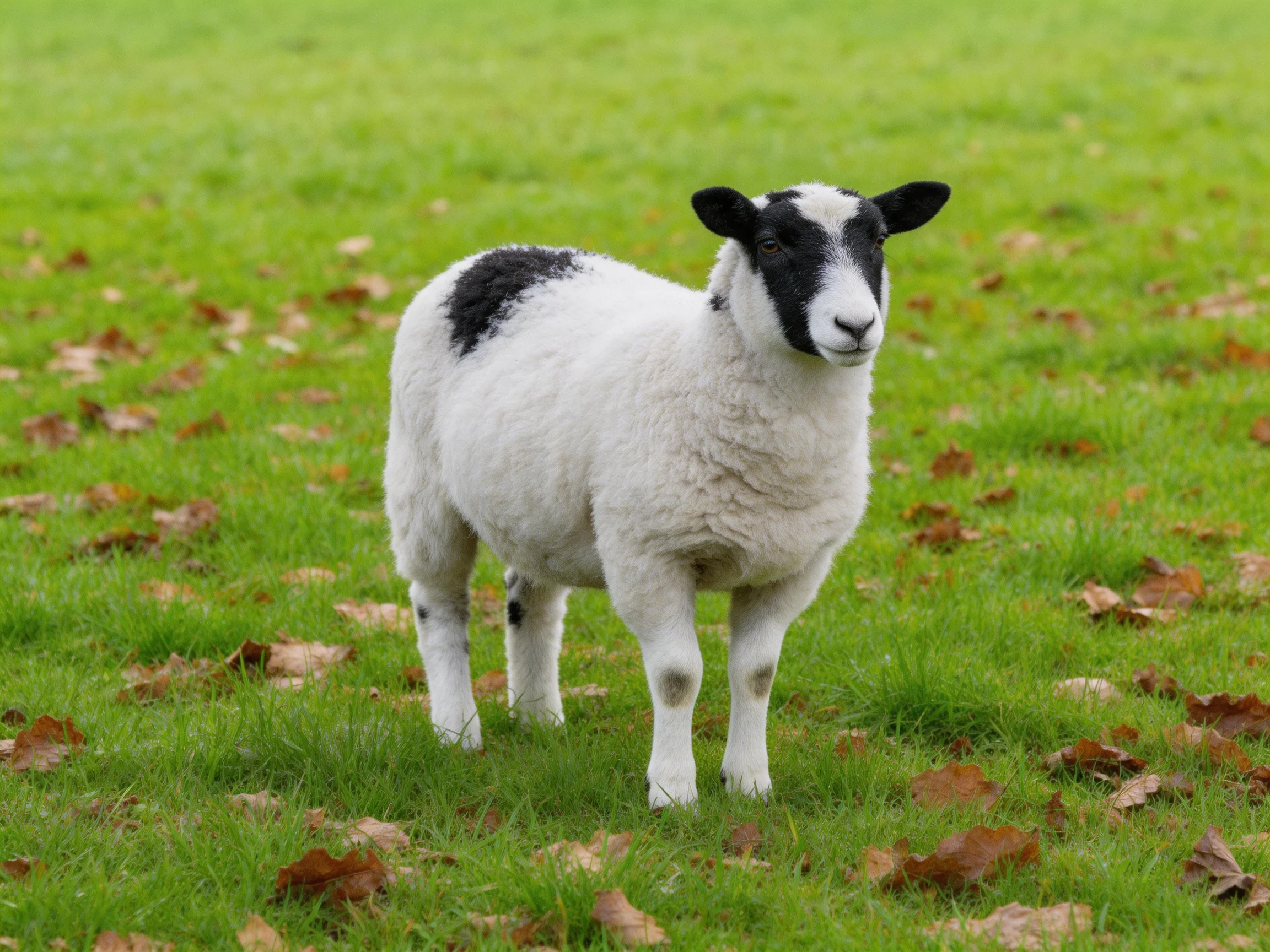 A black - and - white lamb stands on a grassy field dotted with autumn leaves.