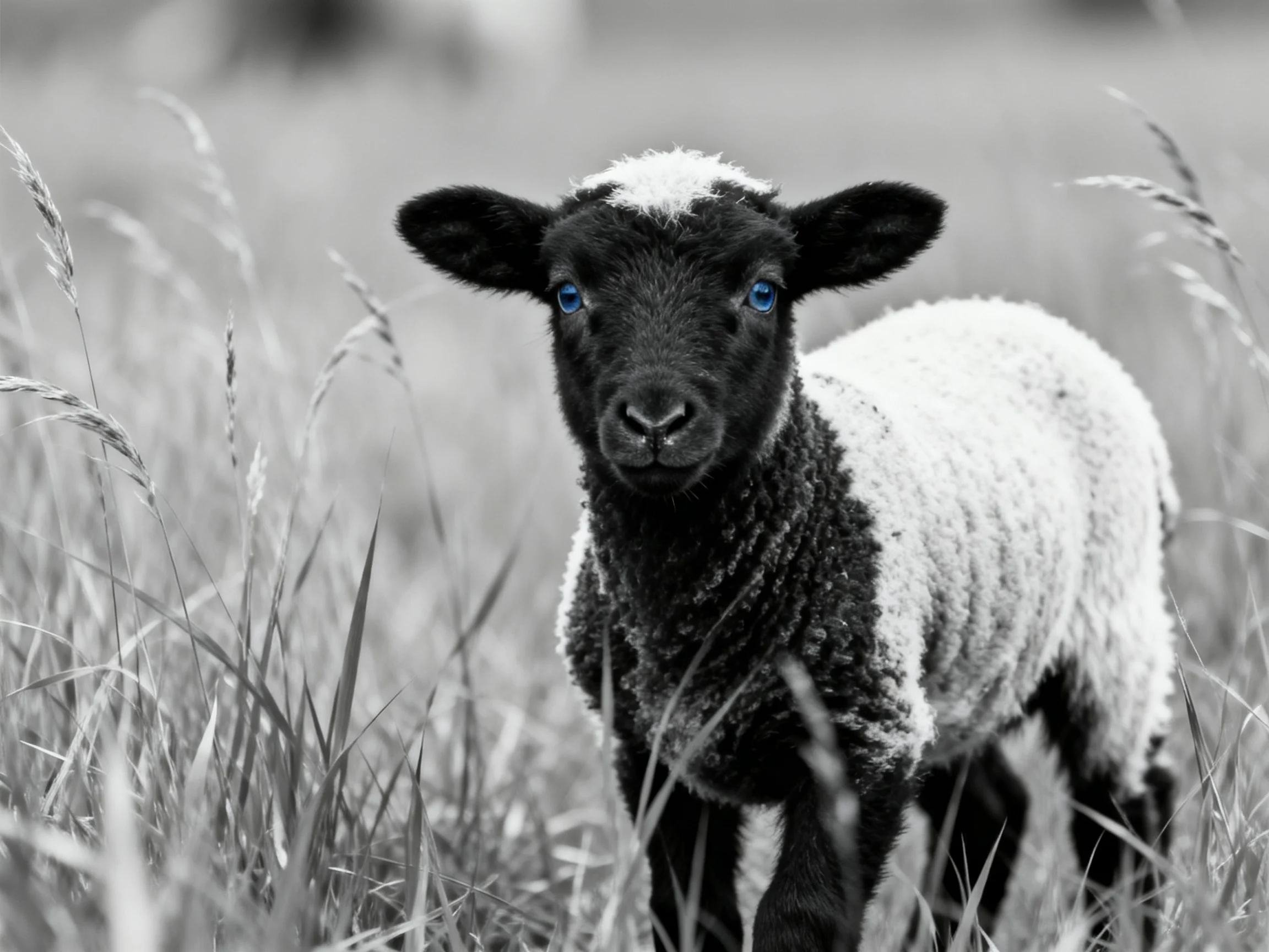 A black-and-white lamb with bright blue eyes in tall grass