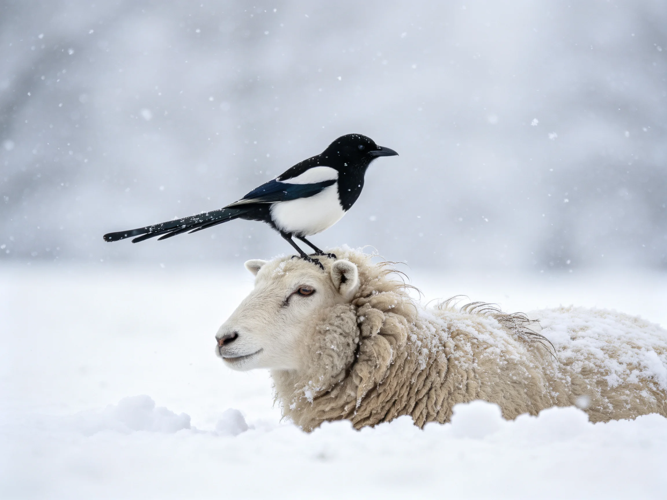 A black-and-white magpie perches on a snow-covered sheep
