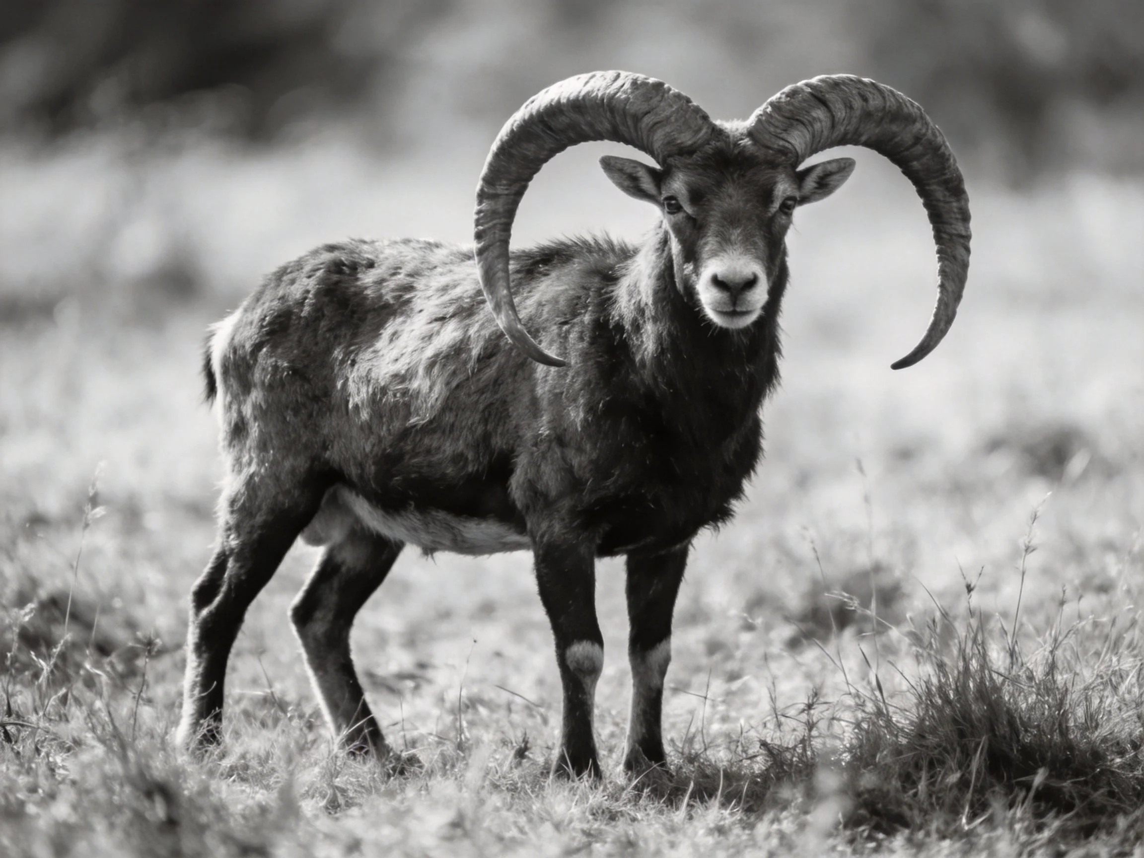 A black - and - white photograph of a ram with large curved horns