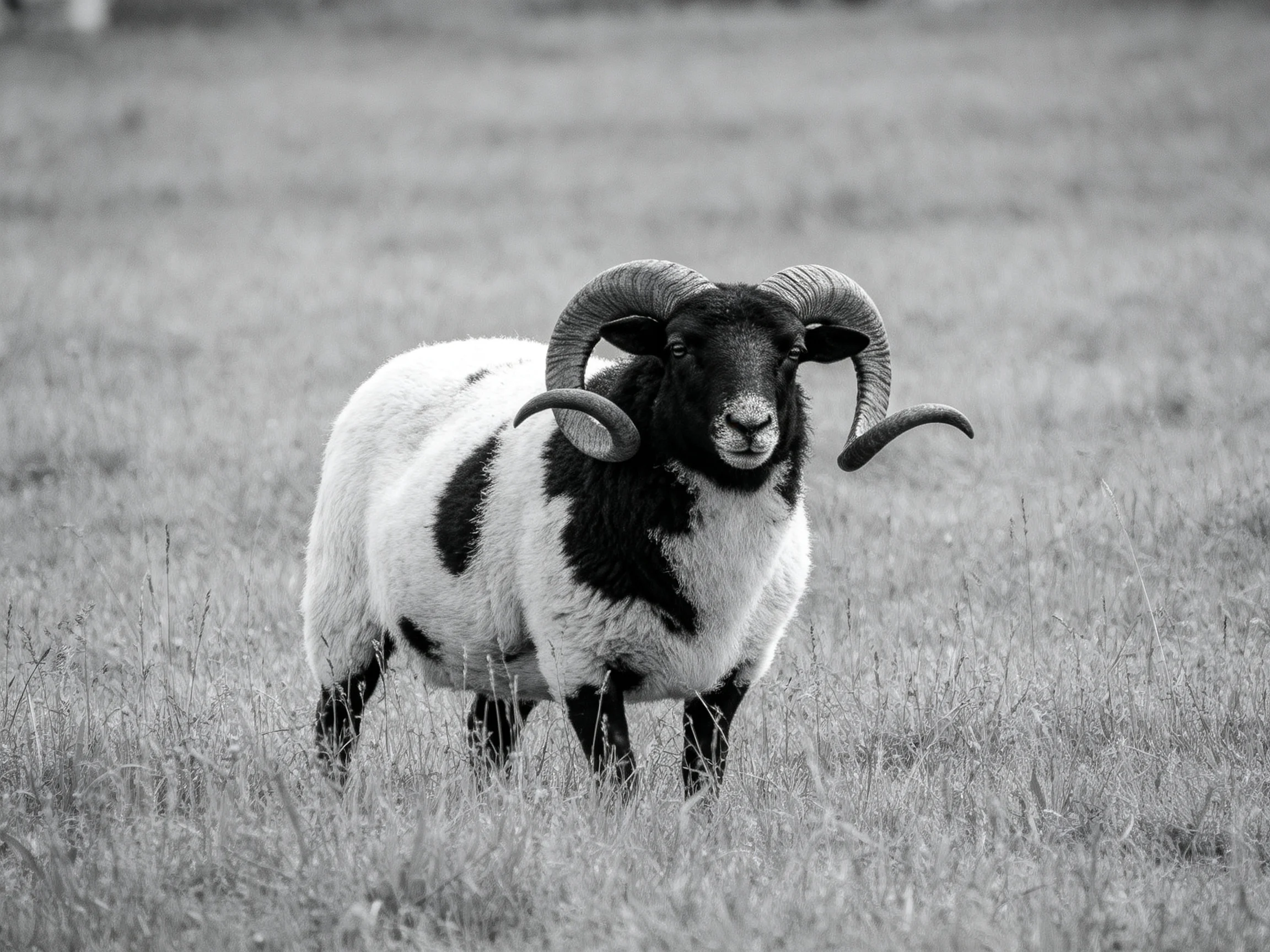 A black-and-white ram with large curved horns in a grassy field