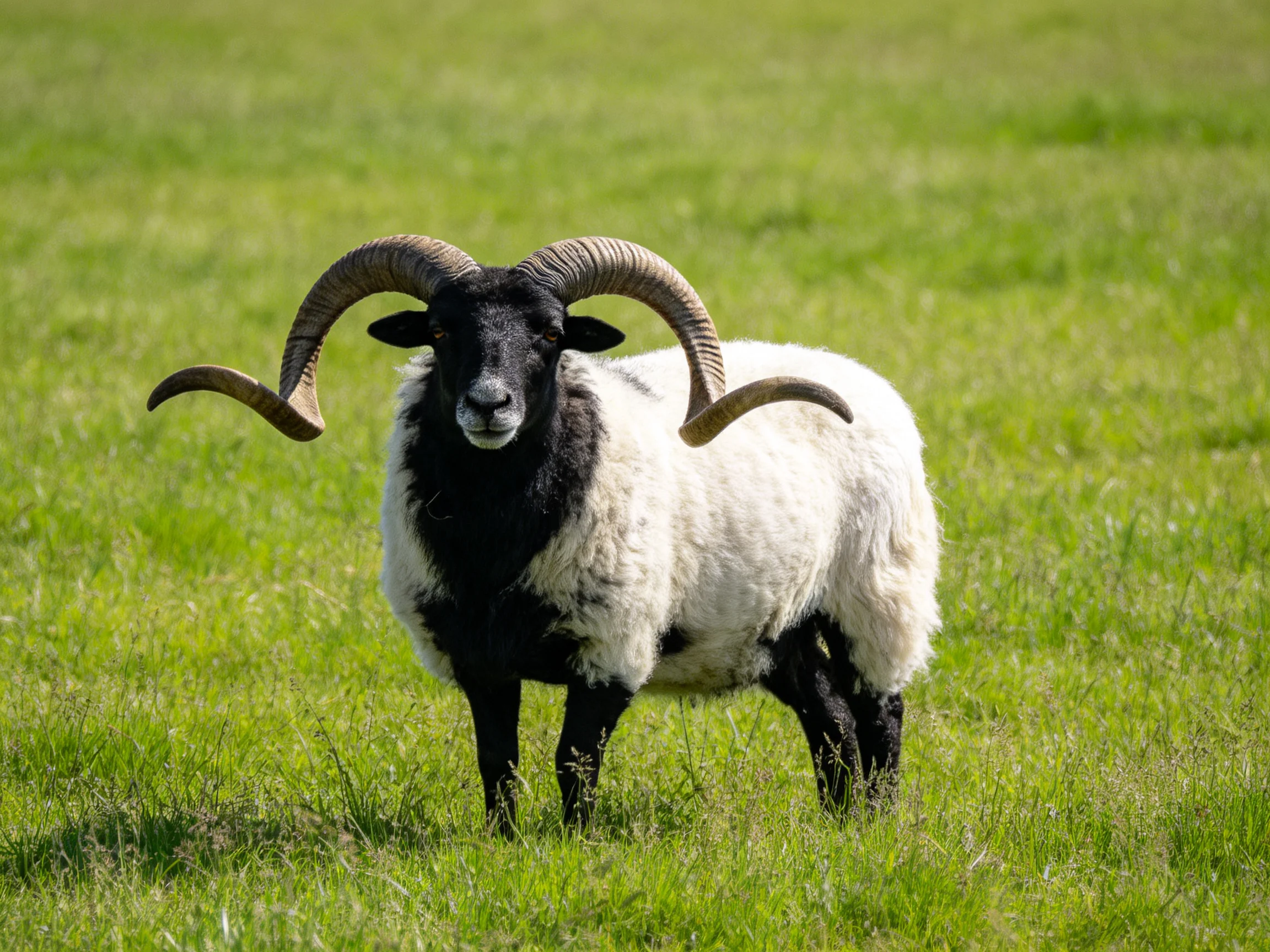 A black-and-white ram with large curved horns in a lush green meadow