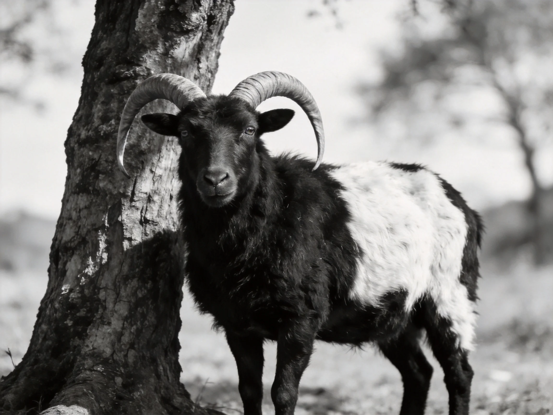 A black-and-white ram with large curved horns near an aged tree