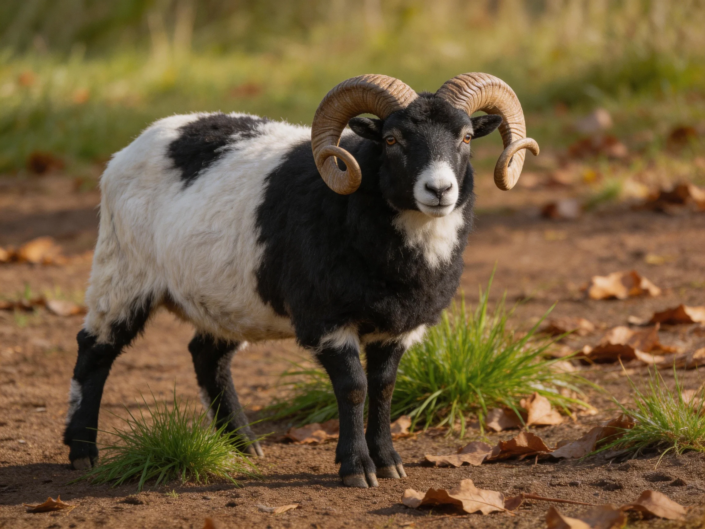 A black-and-white ram with large curved horns stands outdoors