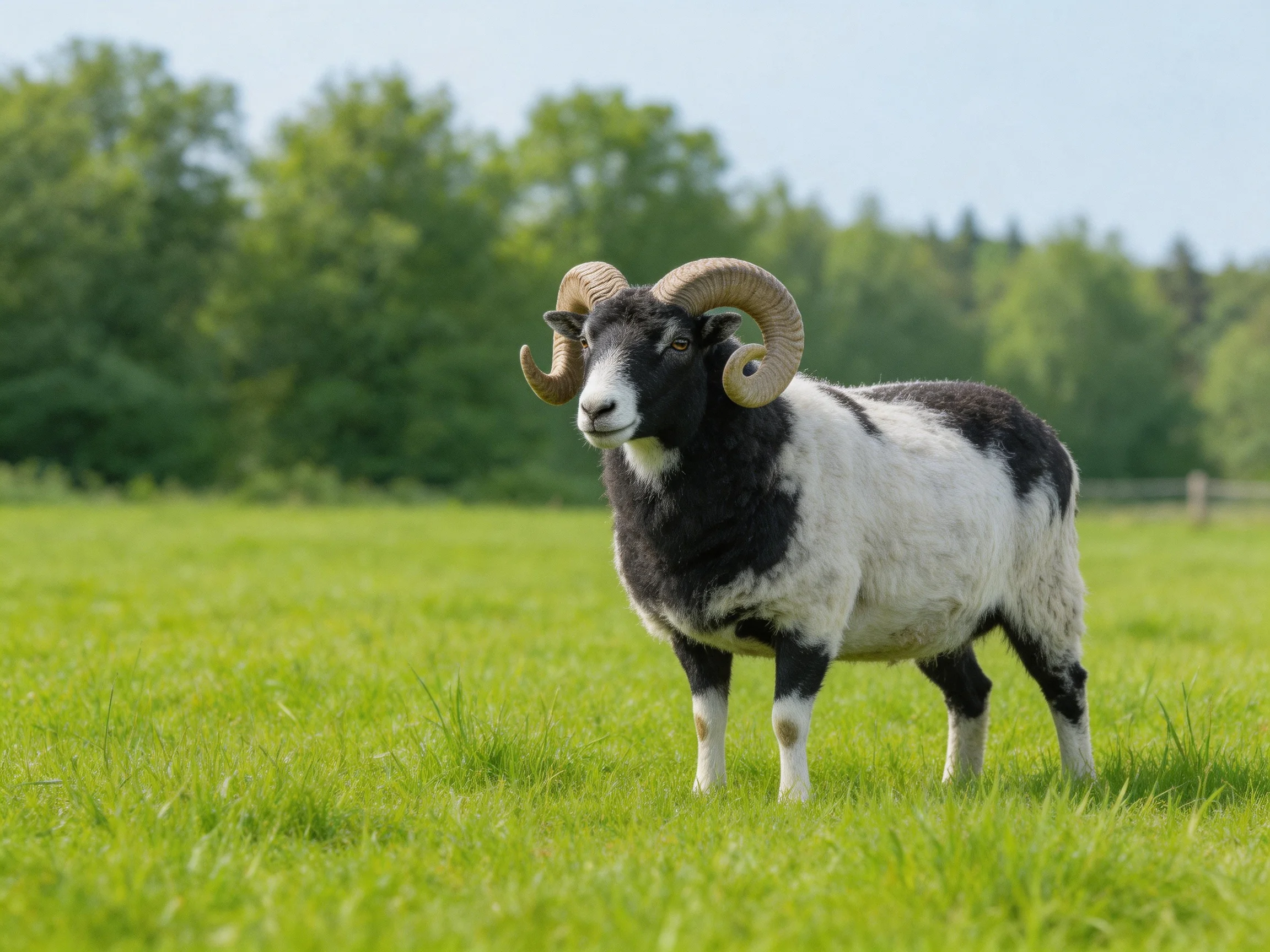 A black-and-white ram with large horns in a green meadow