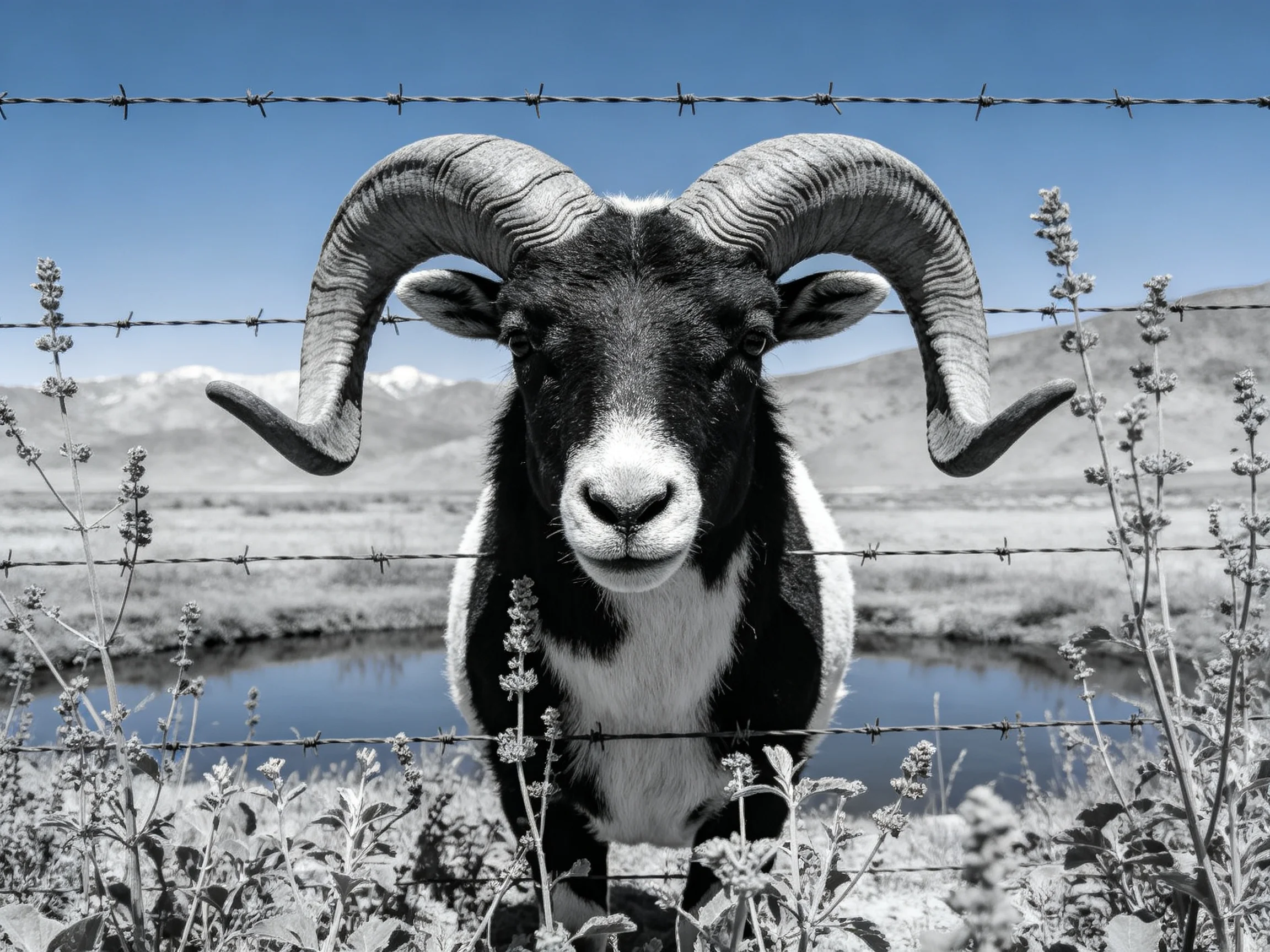A black-and-white ram with massive curved horns behind barbed wire