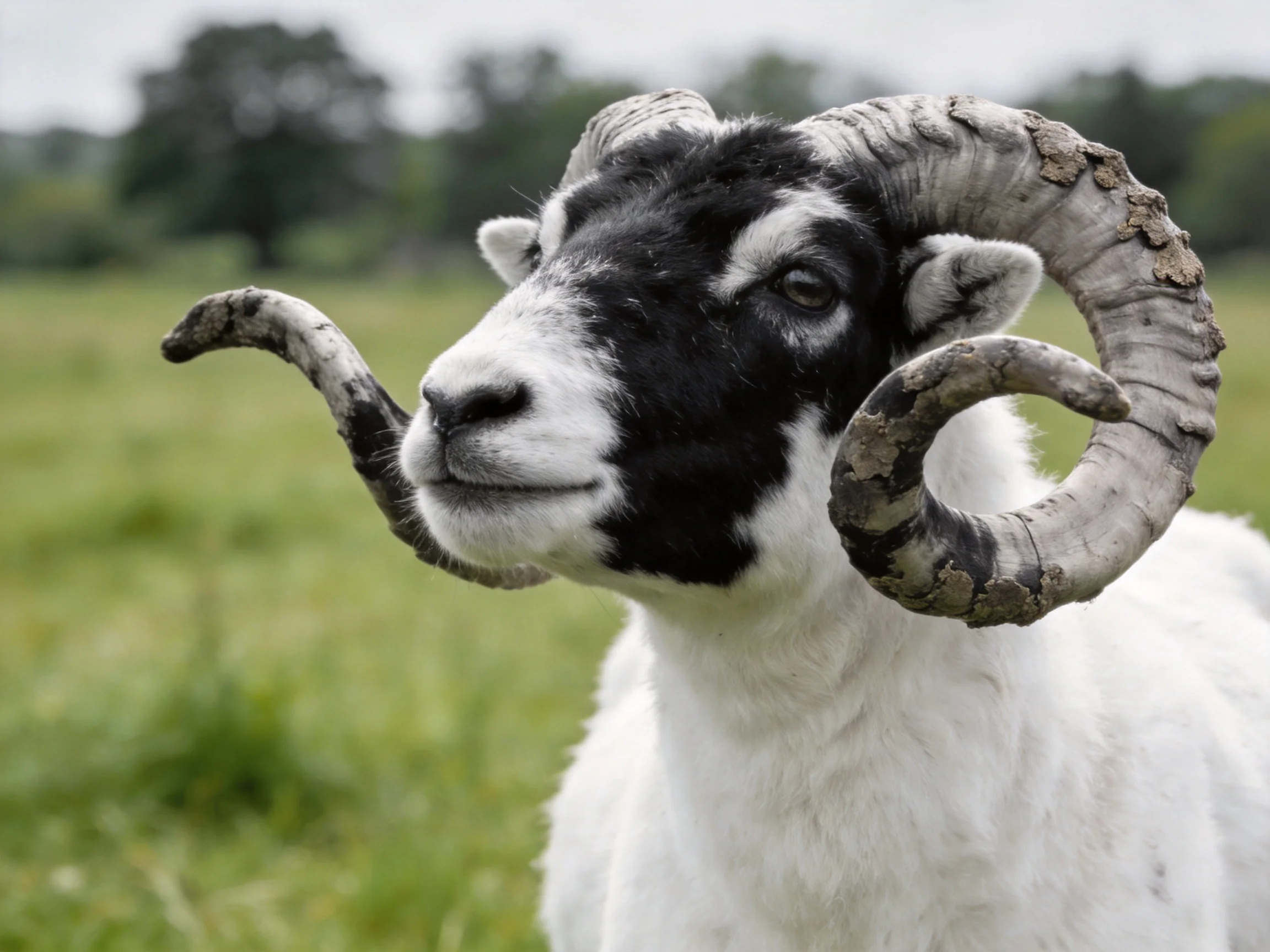 A black-and-white ram with massive curved horns in a green meadow