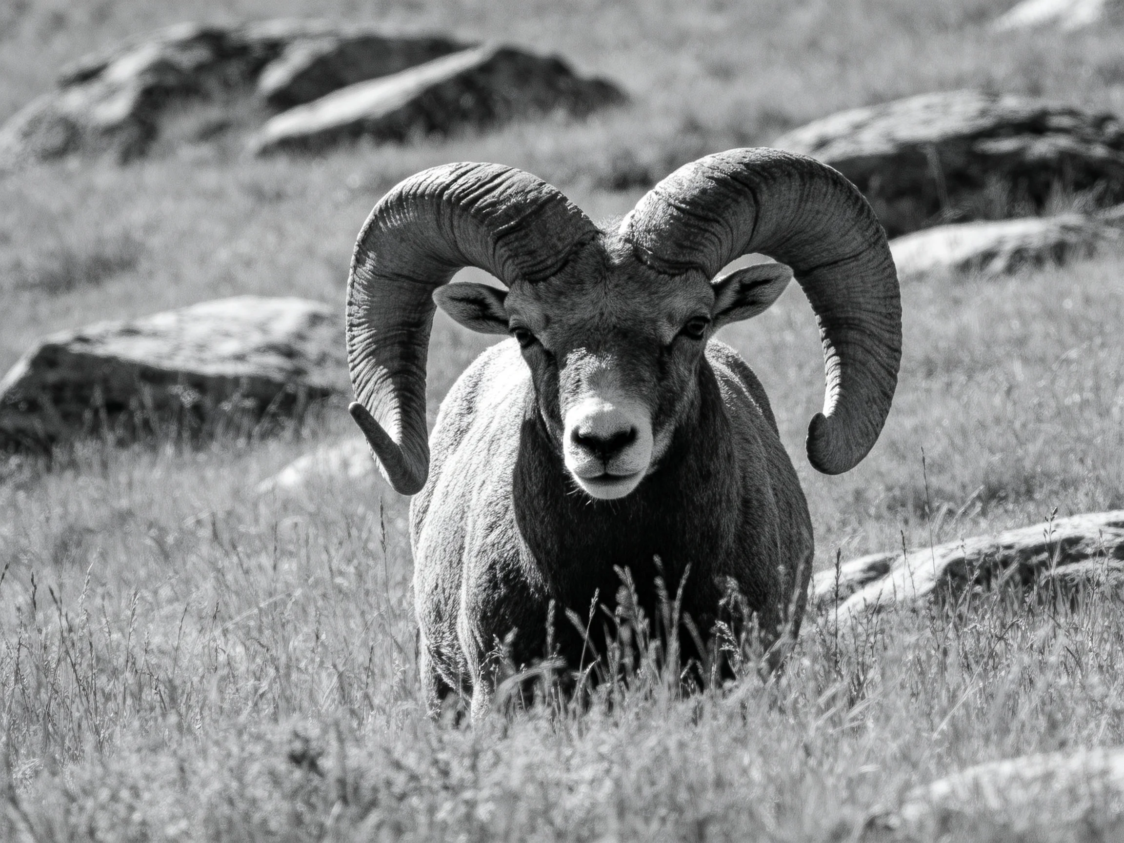 A black - and - white ram with massive curved horns in a rocky meadow