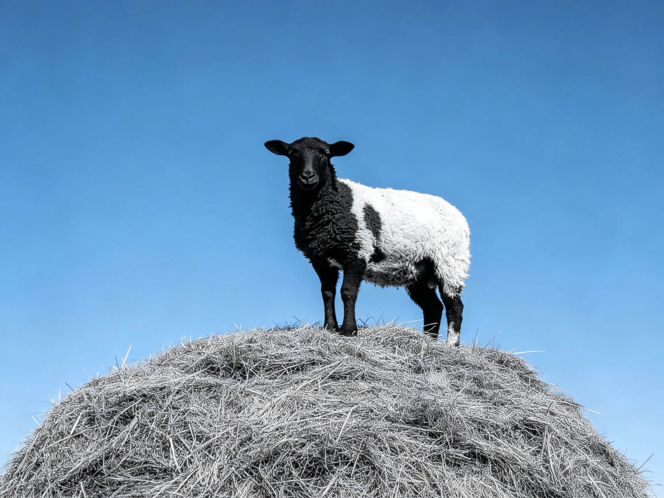 A black-and-white sheep atop a hay mound under clear blue sky