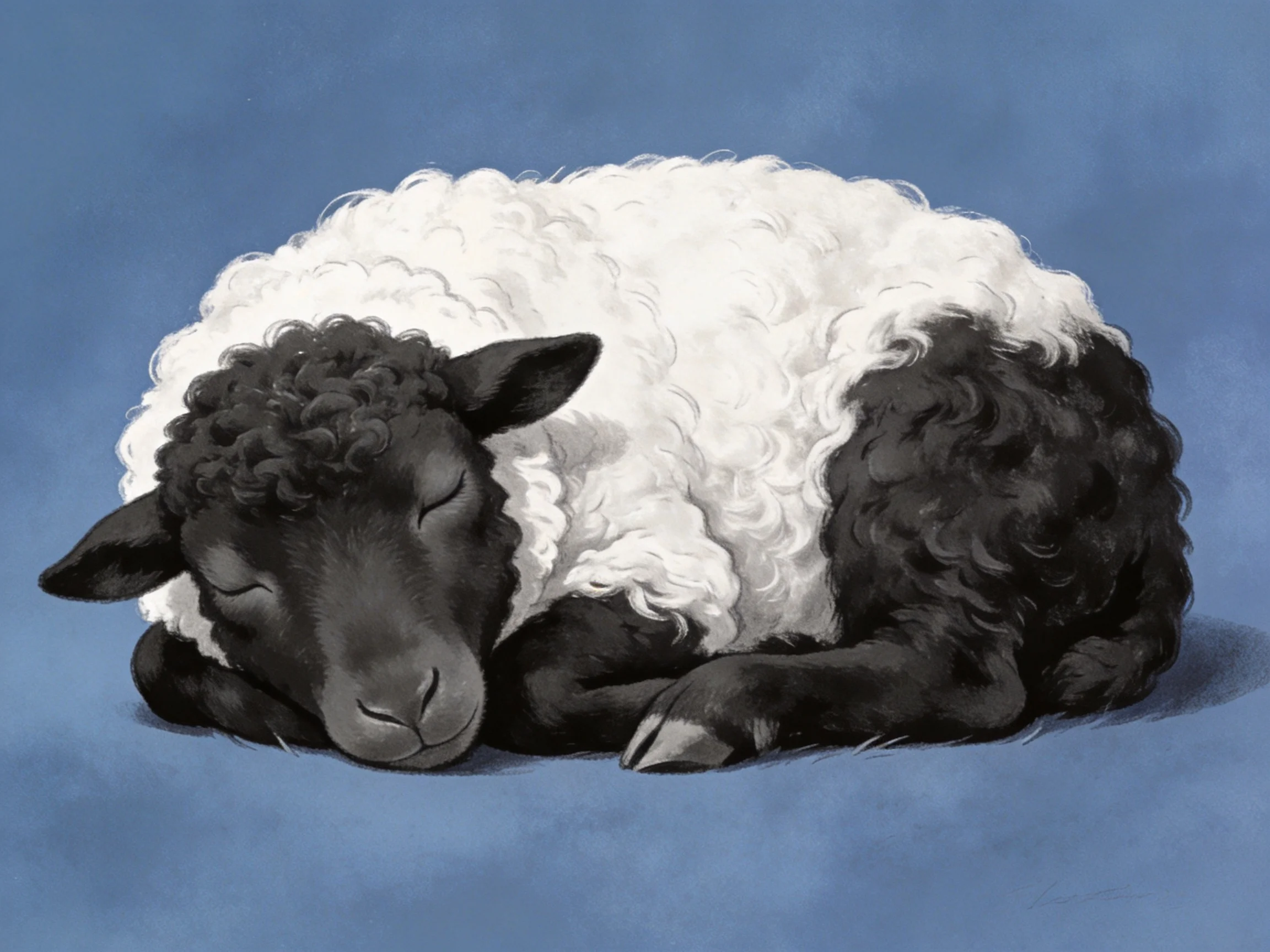 A black and white sheep curled up on a blue surface