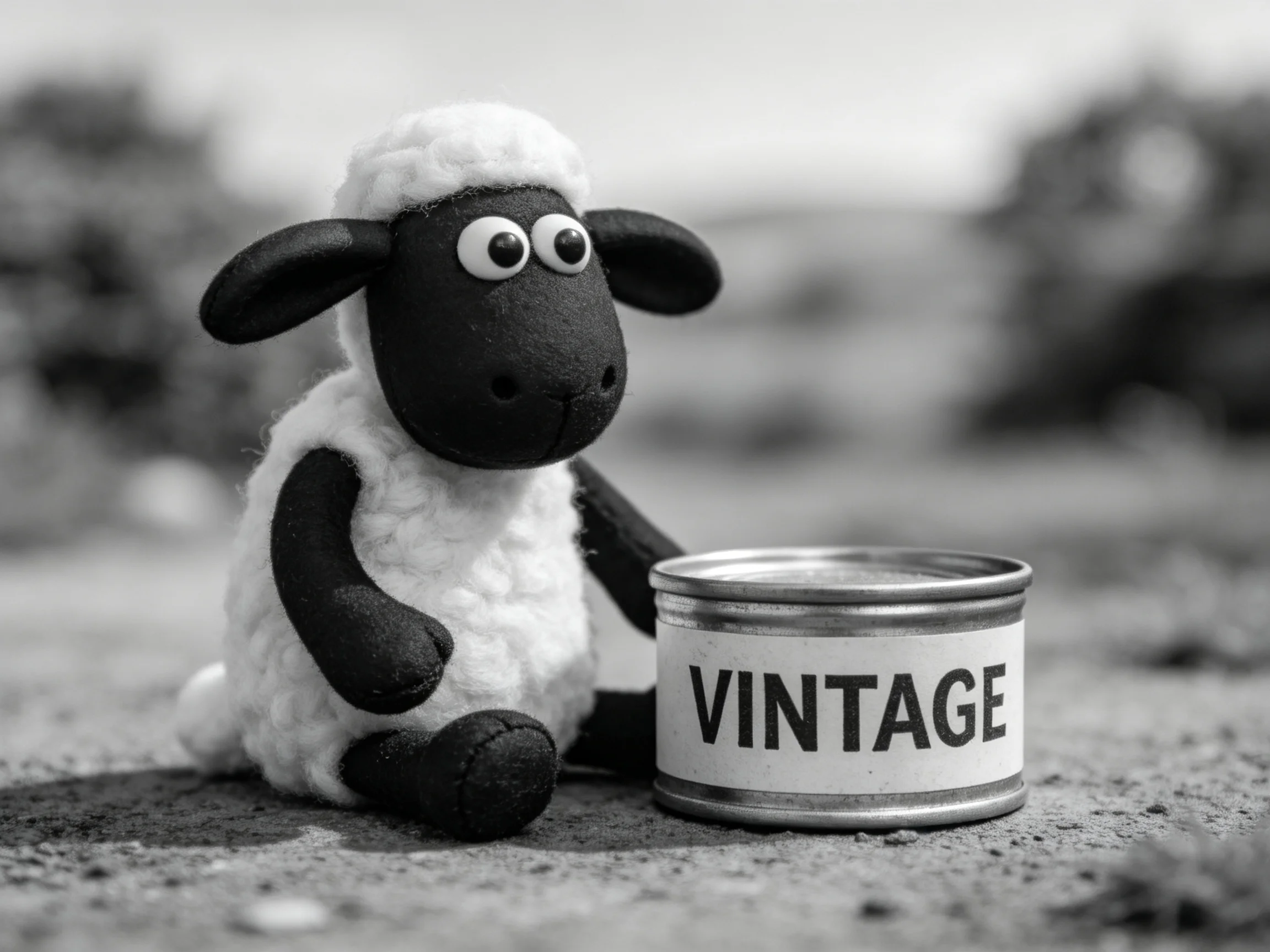 A black and white sheep figurine beside a vintage-labeled metal can