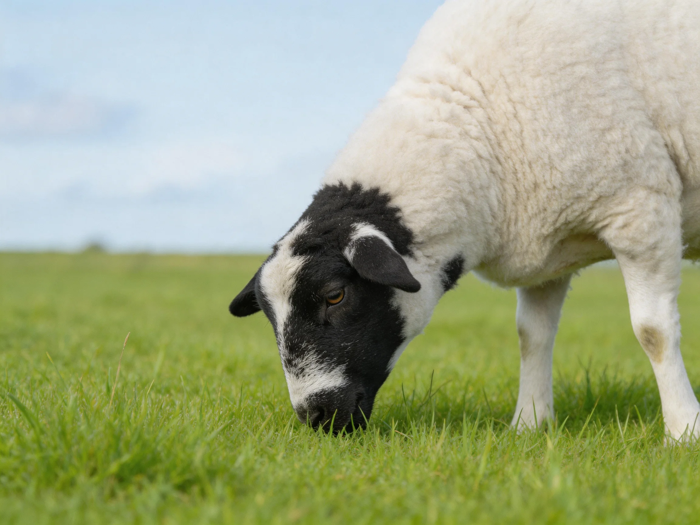 A black-and-white sheep grazes in a lush green meadow