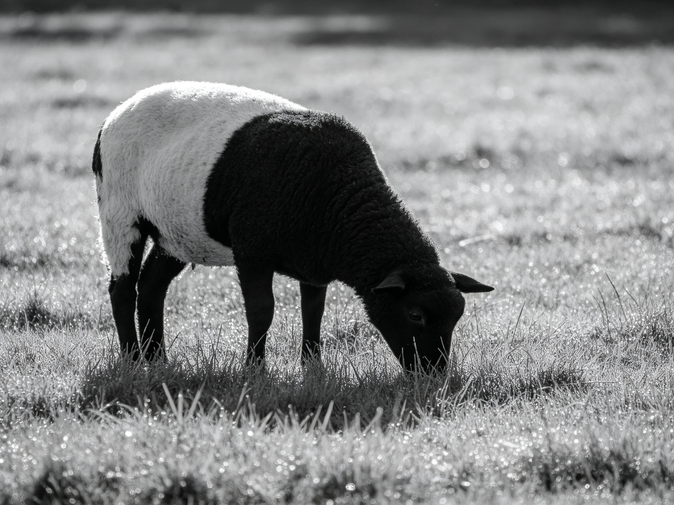 A black-and-white sheep grazes in a sunlit grassy field
