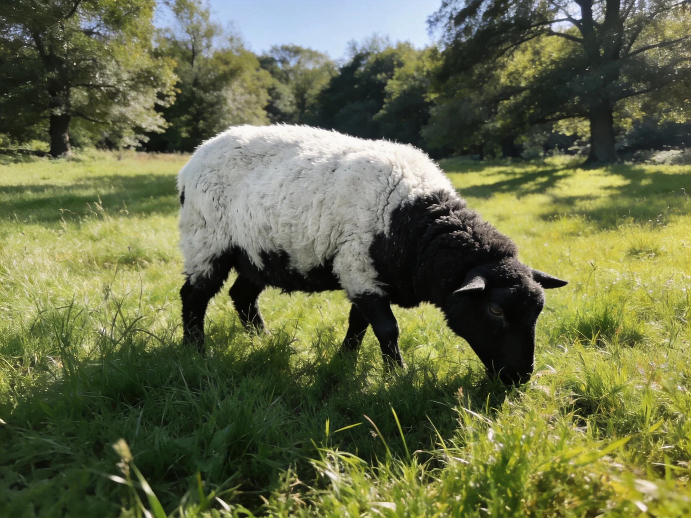 A black-and-white sheep grazing in a sunlit green meadow