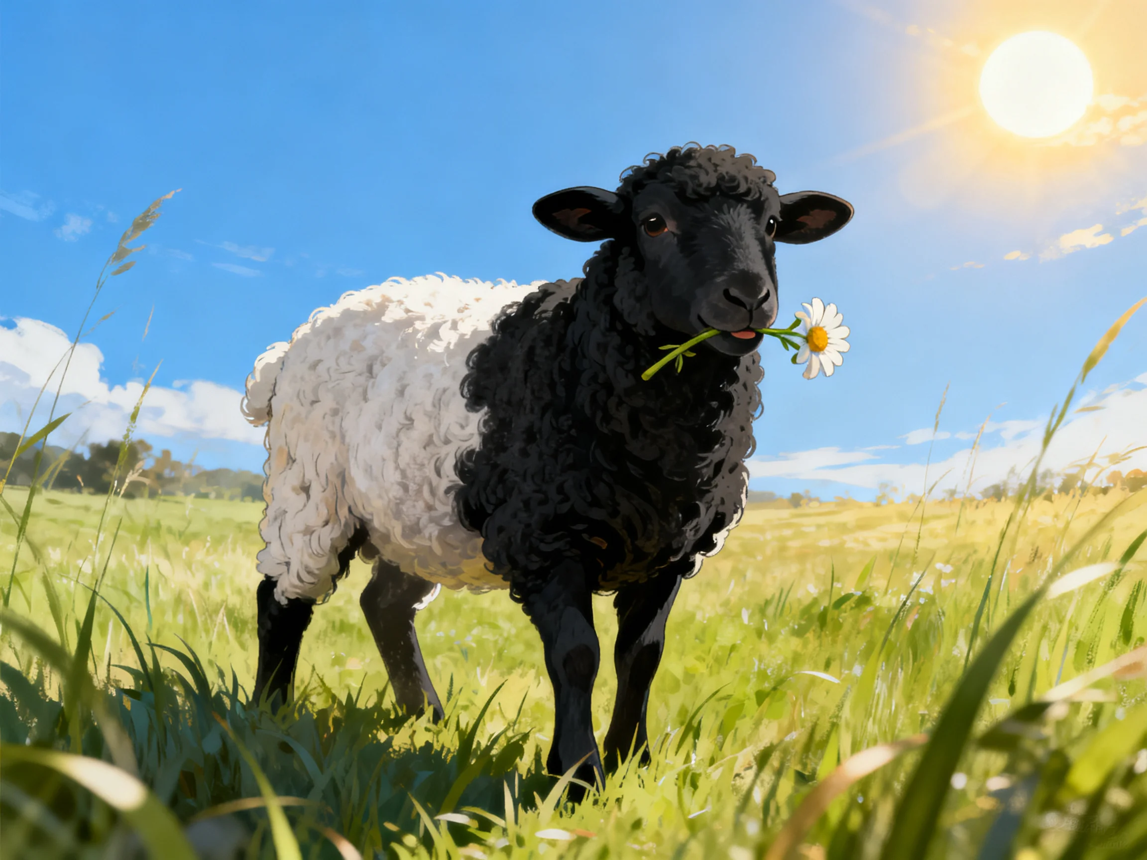A black-and-white sheep holds a daisy in a sunlit meadow with a bright sky.