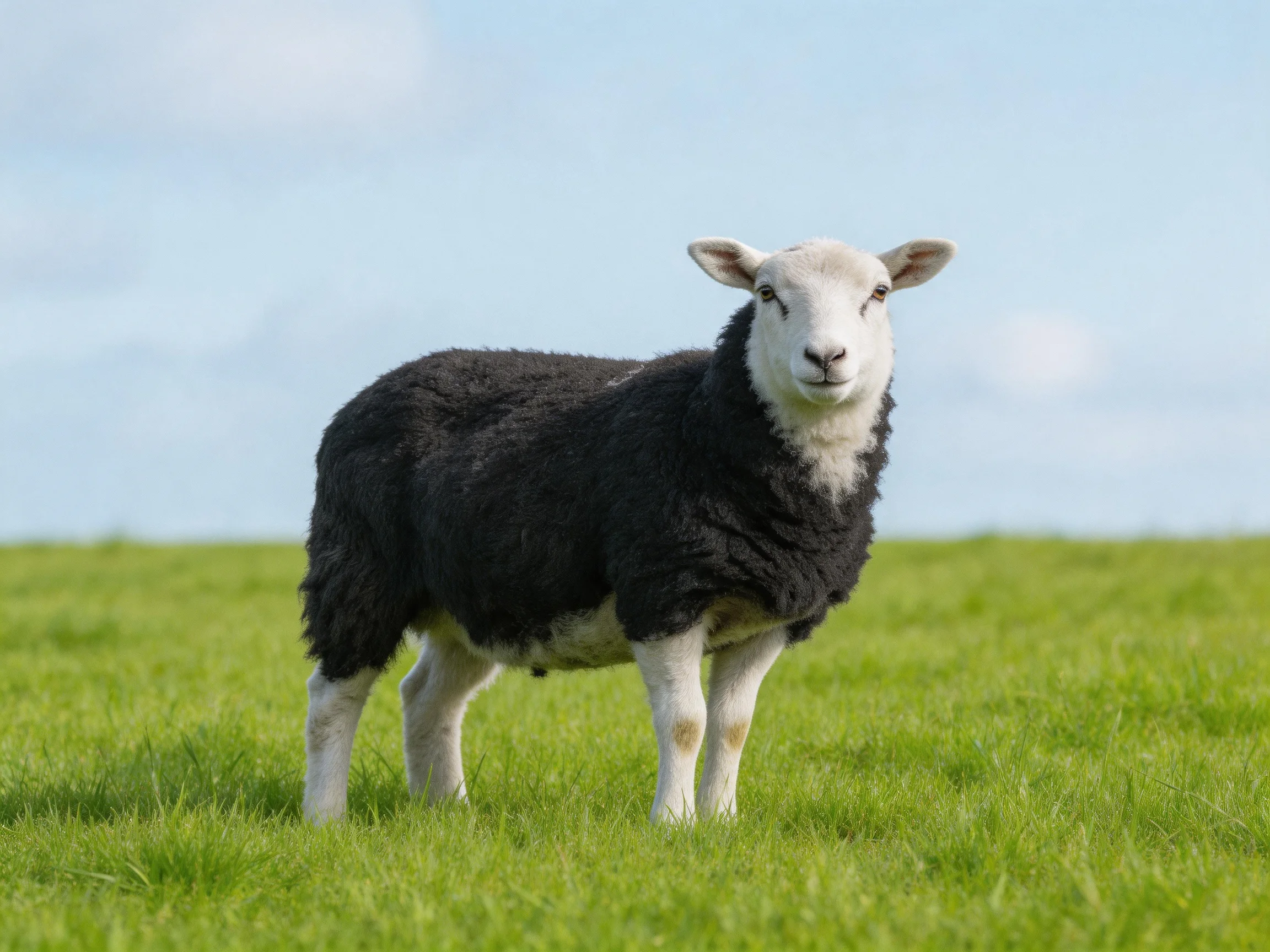 A black-and-white sheep in a lush green pasture under clear blue sky