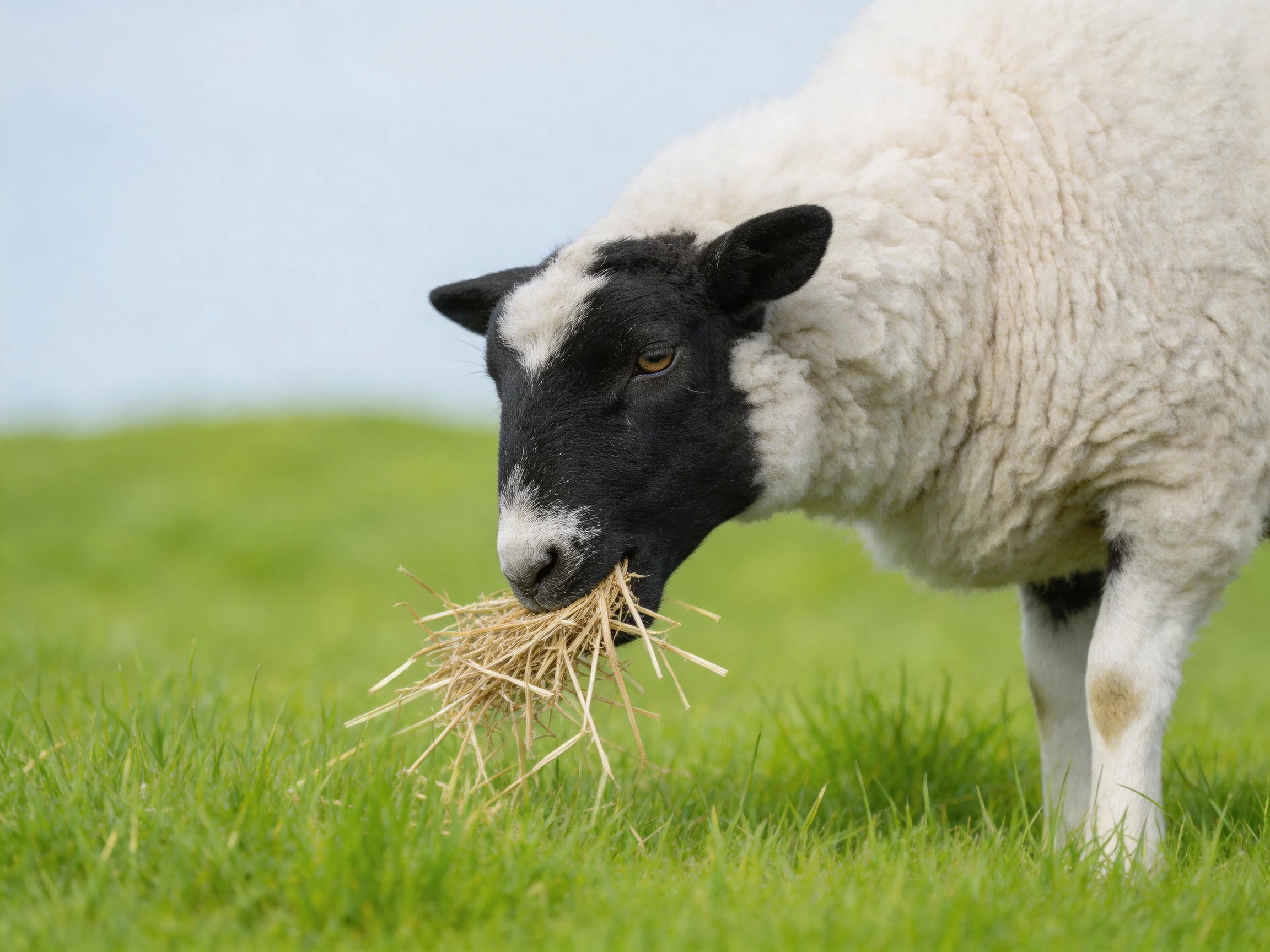 A black-and-white sheep munching hay in a lush green meadow