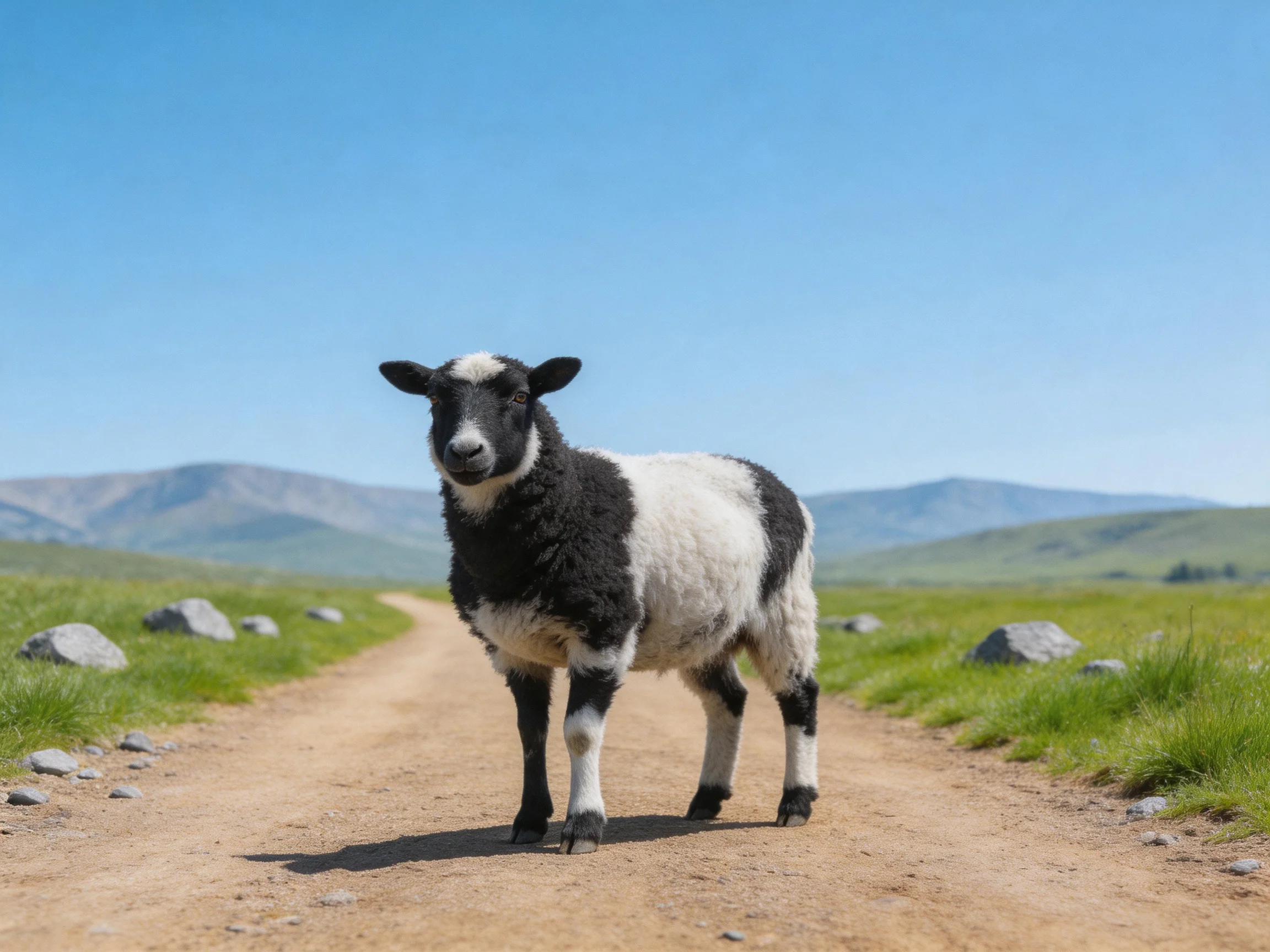 A black and white sheep on a dirt path with rocky hills