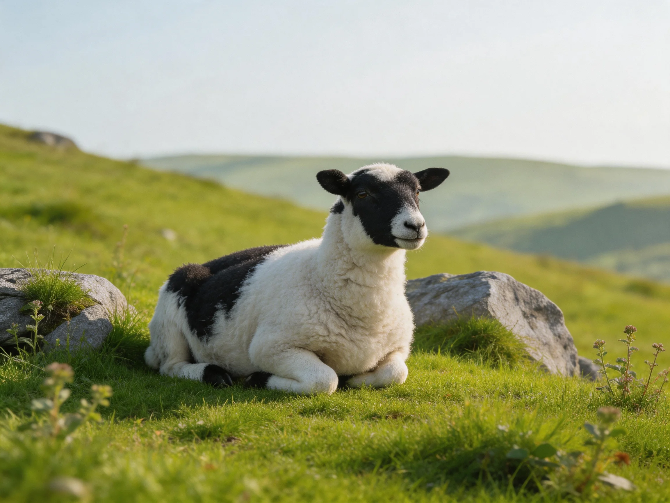 A black - and - white sheep relaxes on grass beside rocks in a hilly landscape.
