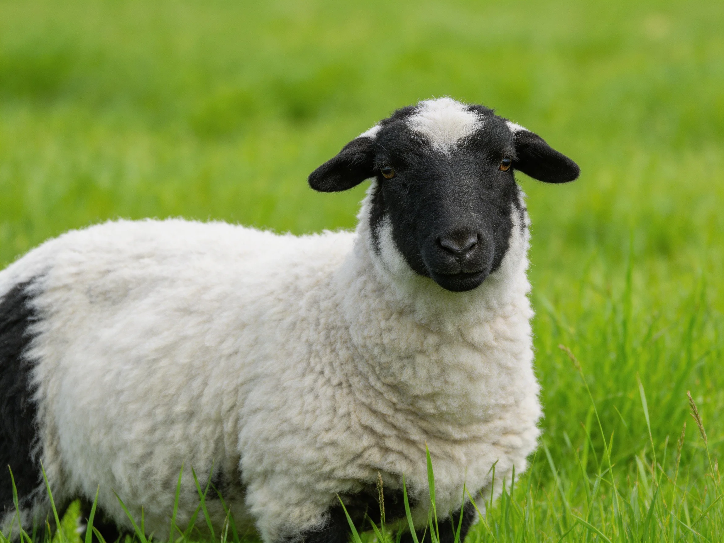 A black - and - white sheep standing in lush green grass