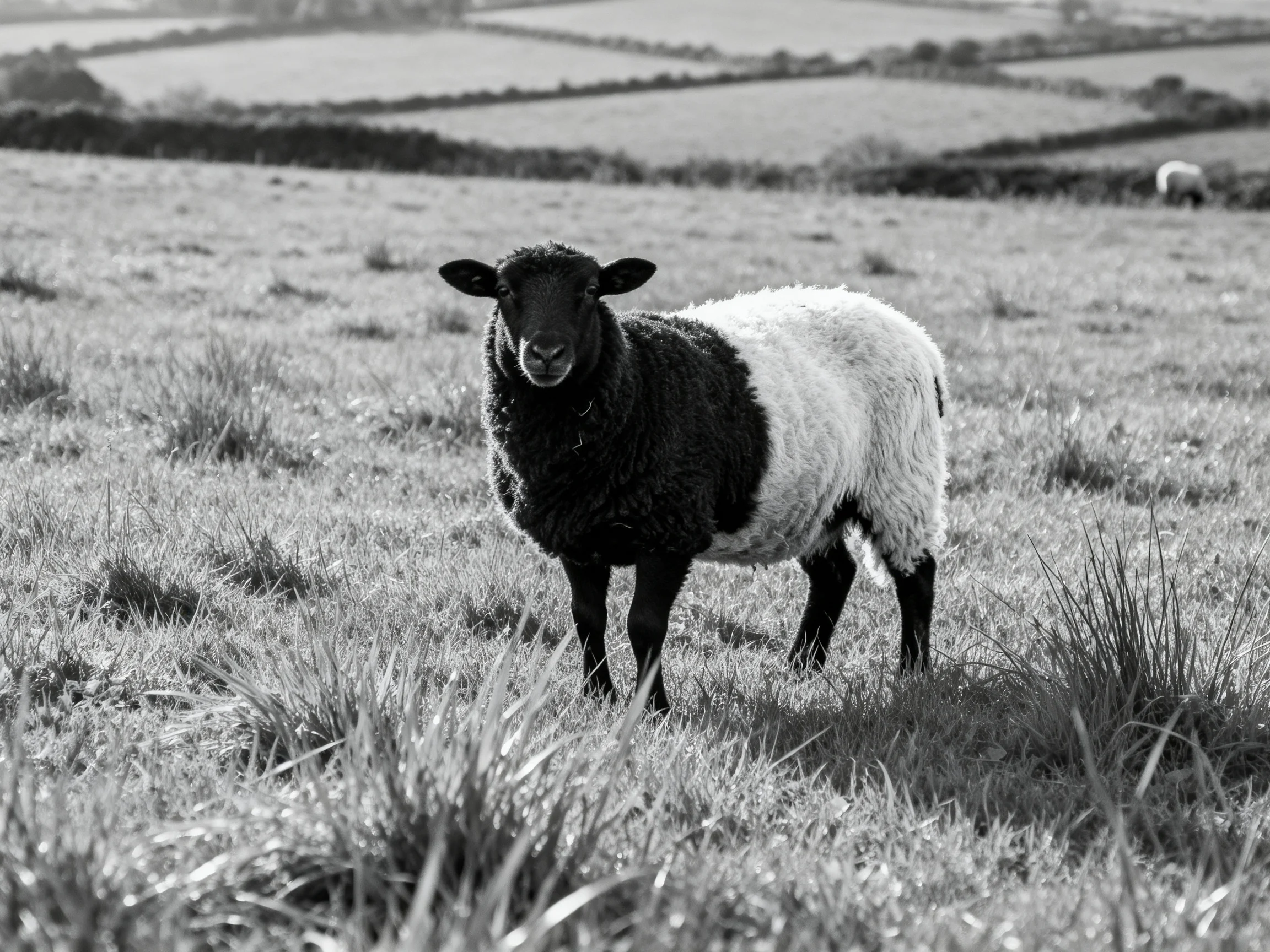 A black-and-white sheep stands alone in a grassy field with distant fields