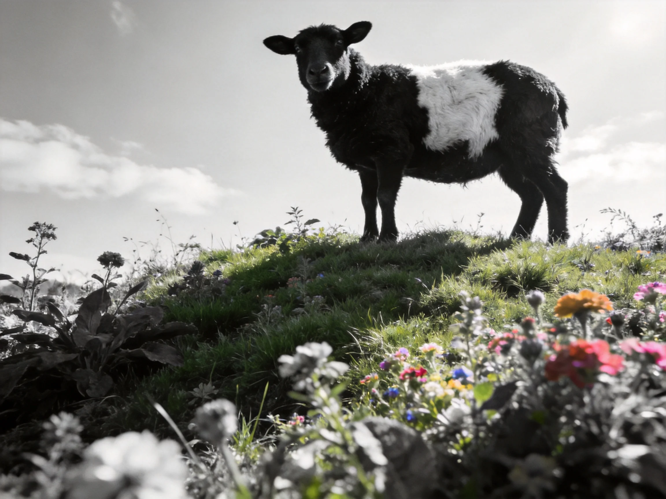 A black-and-white sheep stands atop a grassy hill with vibrant wildflowers