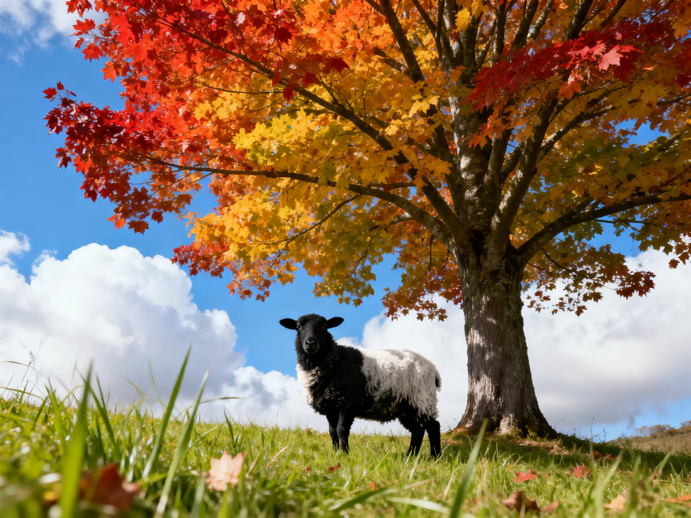 A black - and - white sheep is near a colorful fall tree in a sunny meadow