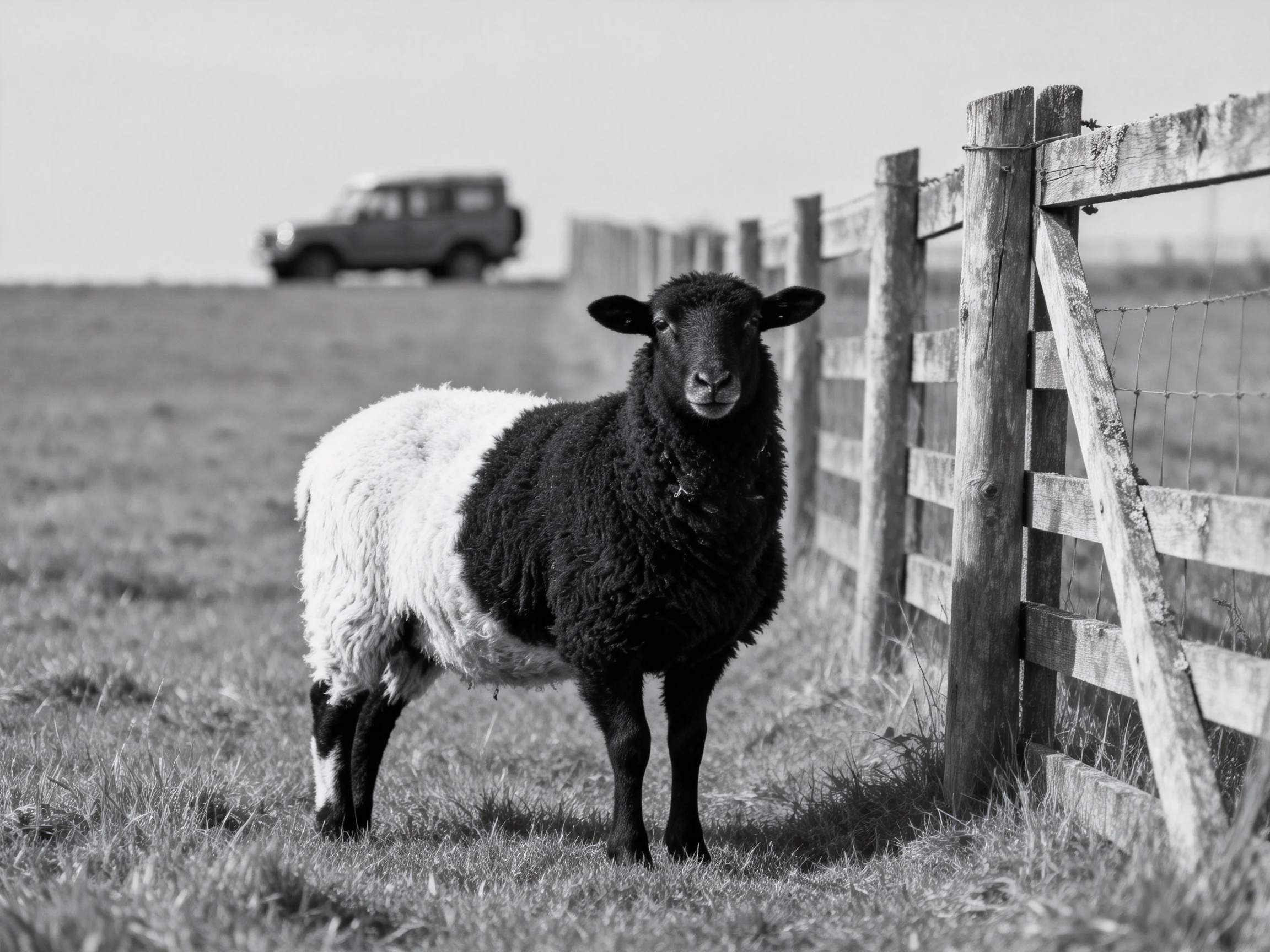 A black and white sheep stands beside a wooden fence with a vintage truck