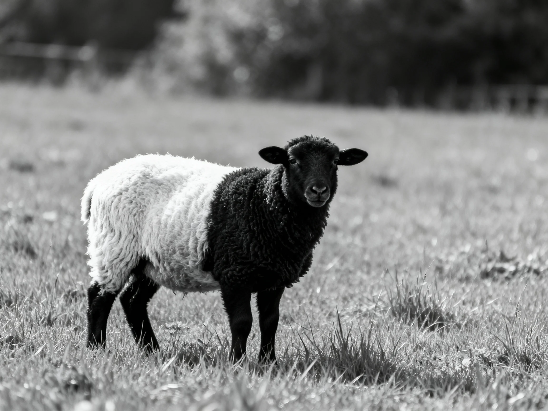 A black-and-white sheep stands in a grassy field near trees
