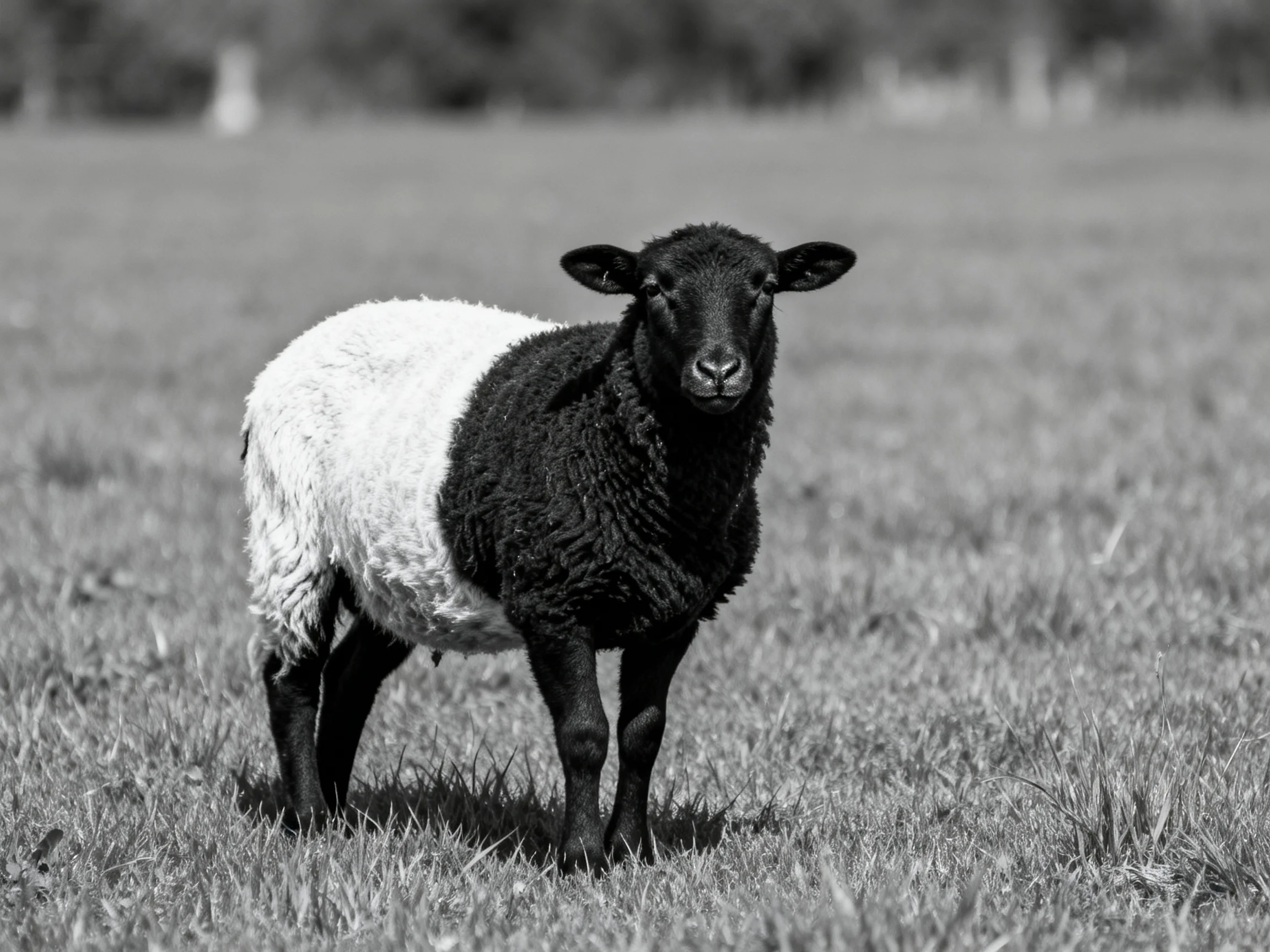 A black and white sheep stands in a grassy field