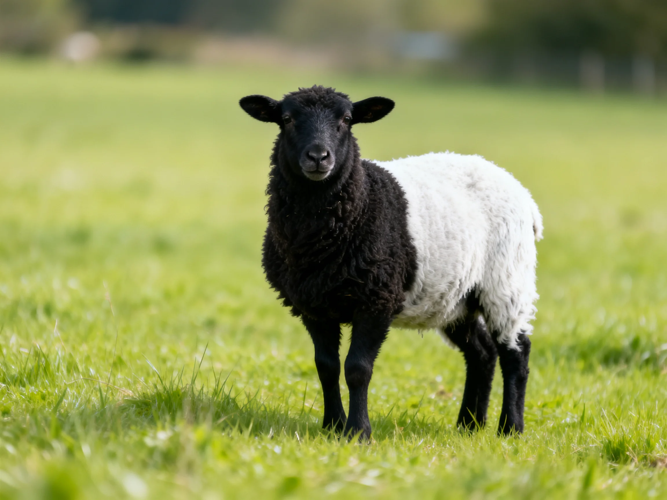 A black-and-white sheep stands in a lush green meadow