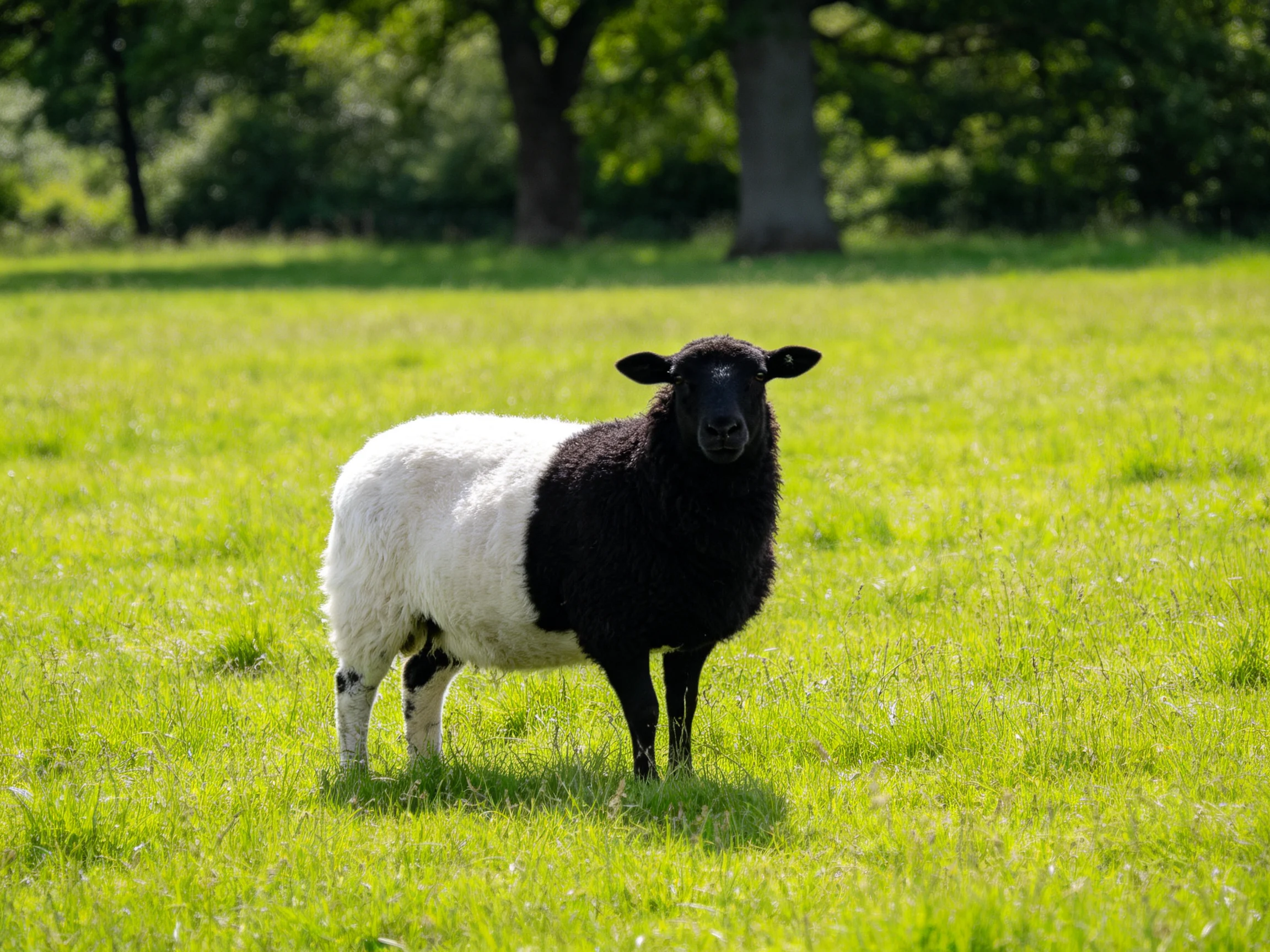A black-and-white sheep stands in a sunlit green meadow.