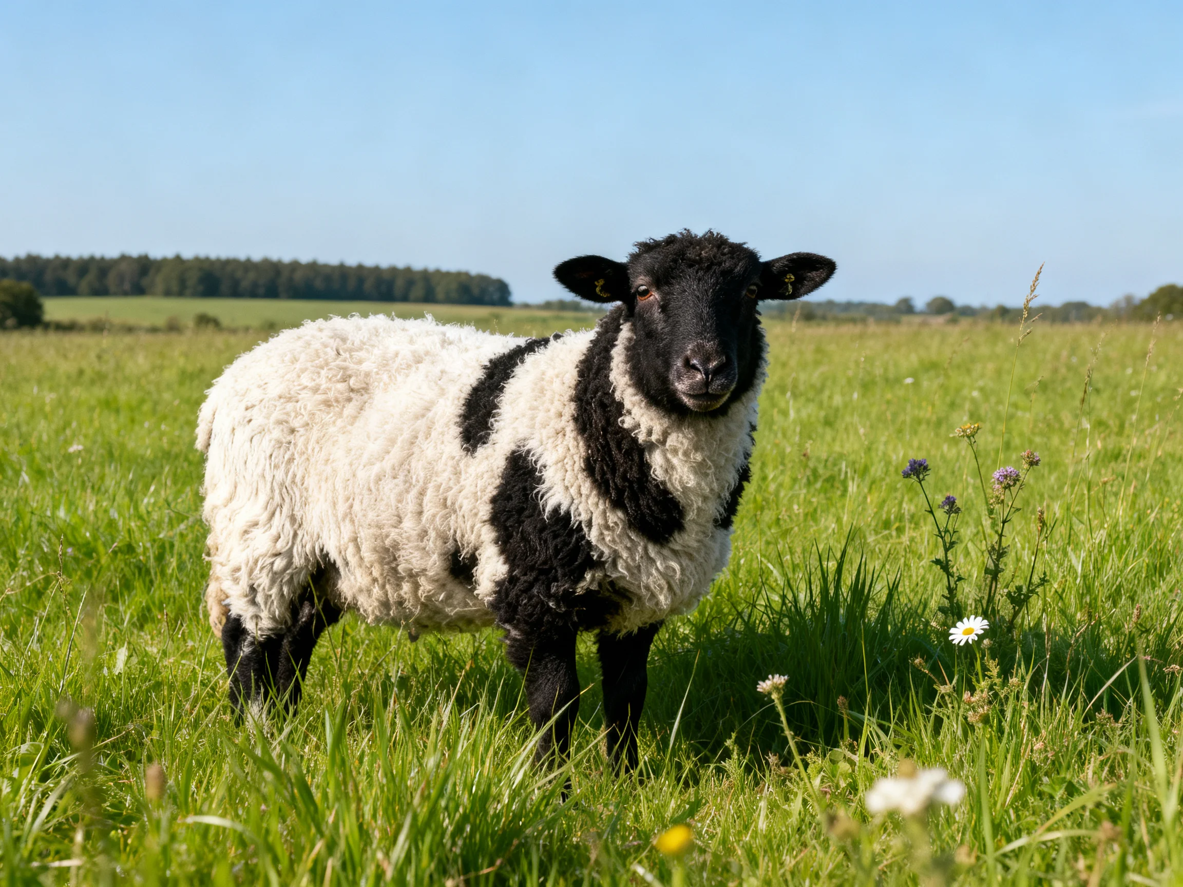A black-and-white sheep stands in a sunny green meadow with wildflowers