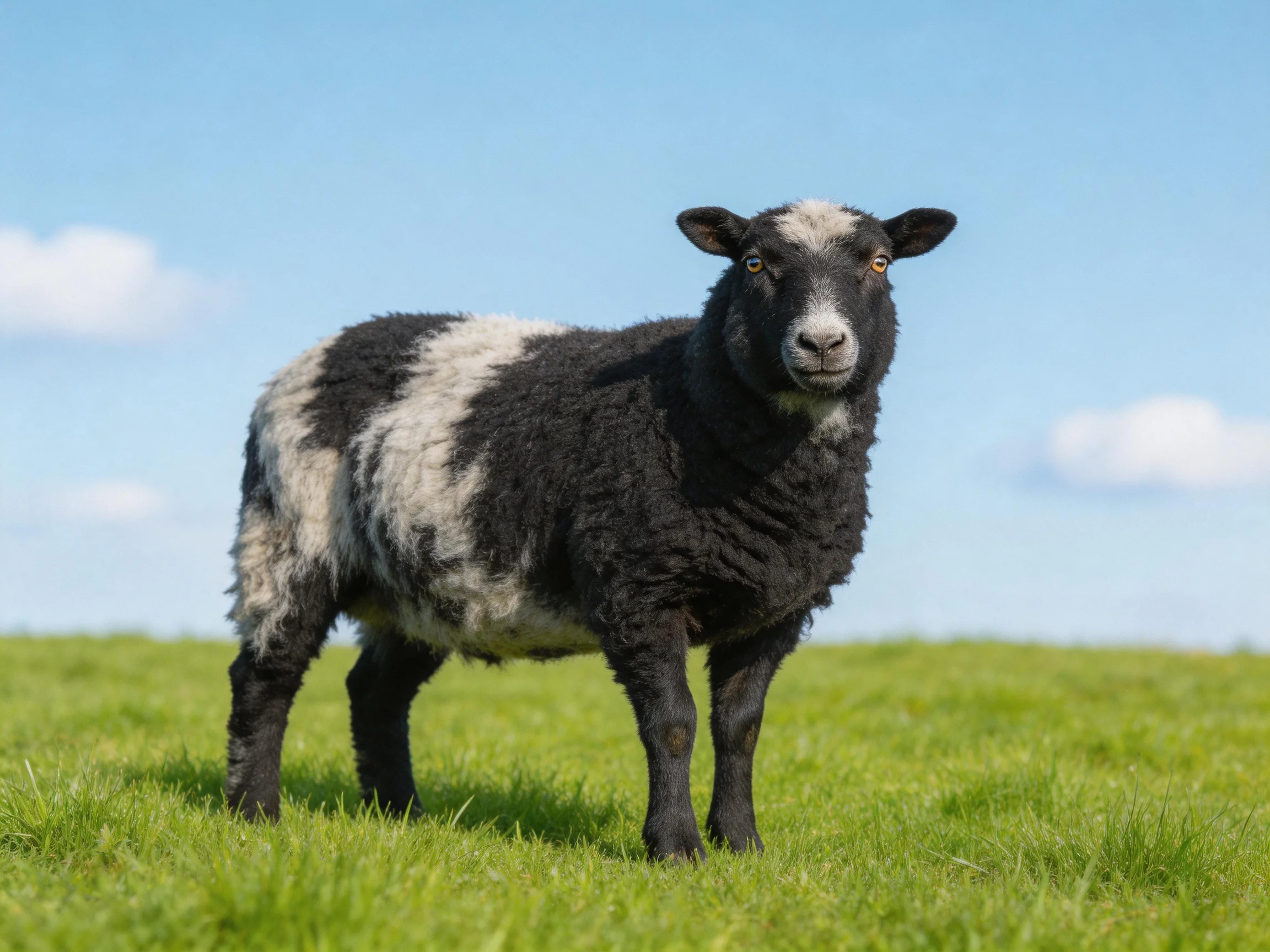 A black and white sheep stands in a sunlit meadow under a clear blue sky